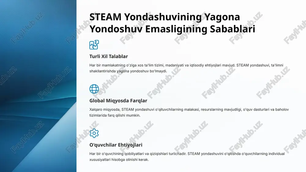 limlarini qo'llaydilar, jamoada ishlashni o'rganadilar va muammolarning samarali echimi usullarini rivojlantiradilar. 8 steam yondashuvining o'ziga xos xususiyatlari: singapur tajribasi singapurda steam ta'limi fan, texnologiya, muhandislik, san'at va matematika fanlarini integratsiya qilishga qaratilgan. bu yondashuv talabalarning muammolarni hal qilish, innovatsion fikrlash va hamkorlik qilish qobiliyatlarini rivojlantirishga qaratilgan. singapur ta'lim tizimi steam yondashuvini qo'llab-quvvatlaydi va talabalarga o'zlarining kreativligini va innovatsion g'oyalarini amalga oshirish imkonini beradi. singapurda steam ta'limi o'quv dasturlarida amaliy loyihalar va tajribalarni o'z ichiga oladi. talabalar o'zlarining bilim va ko'nikmalarini haqiqiy dunyo muammolarini hal qilishda qo'llaydilar. bu ularning chuqurroq tushunchaga ega bo'lishlariga va o'qishni o'rganishga yordam beradi. 9 o'zbekistonda steam yondashuvi: mavjud imkoniyatlar va chora-tadbirlar o'zbekistonda steam yondashuvi rivojlanishining katta imkoniyatlari mavjud. mamlakatda yosh avlodni ilmiy-texnik sohalarga qiziqtirish uchun zarur sharoitlar yaratilgan. o'quv dasturlarini steam prinsiplariga muvofiq qayta ko'rib chiqish va zamonaviy texnologiyalarni o'quv jarayoniga joriy etish muhim ahamiyatga ega. ta'lim muassasalari infratuzilmasini takomillashtirish steam laboratoriyalarini tashkil etish, zamonaviy texnologiyalar …