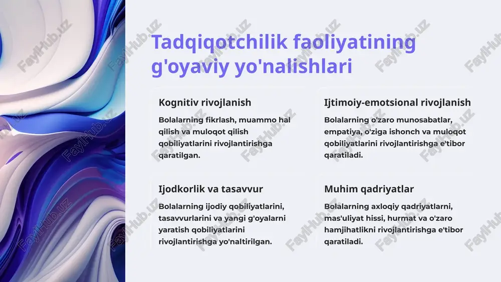 ari qiziqish va ishtiyoq tadqiqot jarayoniga qiziqish darajasi va ishtiroqning faolligini ko'rsatadi. mustaqil fikrlash bolalarning o'zlarining fikrlarini bildirish va ularni asoslash qobiliyatini baholaydi. muammo hal qilish tadqiqot jarayonida duch kelgan muammolarni hal qilish strategiyasini tekshiradi. natijalarni taqdim etish olingan natijalarni qobiliyatli va tushunarli tarzda taqdim etish qobiliyatini baholaydi. 12 bolalarning tadqiqotchilik faoliyatini rivojlantirish yo'llari tabiatni o'rganishga rag'batlantirish bolalarni bog'lar, o'rmonlar va muzeylarga olib borib, atrof-muhitni o'rganishga undash. ijodkorlikni rivojlantirish bolalarni konstruktorlar, mozaikalar va boshqa ijodkorlik bilan shug'ullanishga rag'batlantirish. guruh loyihalarini amalga oshirish turli mavzularda guruh loyihalarini yaratish va bolalarni birgalikda ishlashga jalb qilish. ta'lim muhitini yaratish bolalarda tadqiqotchilik qiziqishini uyg'otish uchun ijobiy va rag'batlantiruvchi muhit yaratish. 13 bolalarning tadqiqotchilik faoliyatini rivojlantirish uchun pedagog shaxsining ro'li 1 1. qo'llab-quvvatlash bolalarning tadqiqotchilik qiziqishlarini rag'batlantirish va ularni qo'llab-quvvatlash muhim. 2 2. yordam berish tadqiqot olib borish uchun zarur materiallar va manbalar bilan ta'minlash kerak. 3 3. boshqarish bolalarning tadqiqot faoliyatini tashkil etish va …