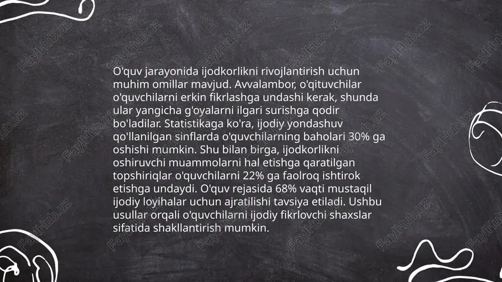 ilimlarni amalda qo'llash imkonini beradi. statistika ko'rsatadi, laboratoriya mashg'ulotlari bilan shug'ullanadigan talabalar o'qish so'ngida ish bozorida raqobatbardoshroq bo'lishadi. turli tadqiqotlar amaliy mashg'ulotlar orqali egallangan bilimlar talabalar tomonidan 60-70% yanada samaraliroq eslab qolinishini ko'rsatadi. amaliyotni tajribali mutaxassislar boshqarishi va zamonaviy texnologiyalar bilan ta'minlanishi o'qitish jarayonining samaradorligini oshiradi. ... t.me/slaydai_bot o'quvchilarning qiziqishini va motivatsiyasini oshirish uchun turli strategiyalar qo'llanilishi mumkin. statistika ko'rsatishicha, interaktiv va zamonaviy texnologiyalar qo'llanilishi 40-60% gacha o'quvchilar qiziqishini oshiradi. shuningdek, qiziqish va motivatsiyani oshirishda tan olish va mukofotlash tizimlari muhim rol o'ynaydi. masalan, kichik mukofotlar va tanlovlar orqali rag'batlantirish 30-50% so'nggi natijalarga ijobiy ta'sir ko'rsatishi mumkin. 100% diqqatni jalb qilish doim ham mumkindek tuyulmasligi mumkin, lekin individual yondashuvlar yordamida ko'p o'quvchilarni jalb qilish mumkin. o'qituvchilar tomonidan qo'yilgan aniq va amalga oshiriluvchi maqsadlar o'quvchilarning o'zlashtirish darajasini 20-30% ga oshirishi mumkin. ... t.me/slaydai_bot 10. steam va tanqidiy fikrlash steam (fan, texnologiya, muhandislik, san'at va matematika) ta'limi bugungi kunda tanqidiy fikrlashni rivojlantirish …