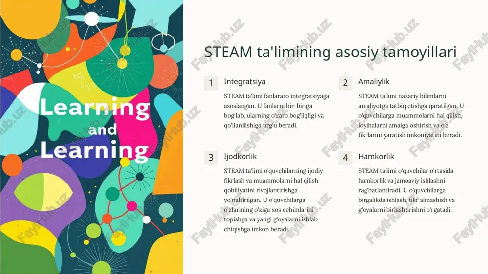 ladi. ba'zi mamlakatlarda steam ta'limi stemga o'xshash, boshqalarida esa san'atga ko'proq e'tibor qaratiladi. xitoyda steam ta'limi xitoyda steam ta'limi so'nggi yillarda tez sur'atlar bilan rivojlanmoqda. xitoy hukumati steam ta'limini rivojlantirishga katta e'tibor qaratmoqda. 8 steam ta'limni o'rganish va tatbiq etishning usullari steam ta'limni o'rganish va tatbiq etishda turli xil usullarni qo'llash mumkin. eng samarali usullardan biri bu o'quvchilarni faol ishtirok etishga undashdir. o'quvchilar o'zlarining qiziqishlari va ehtiyojlari asosida loyihalarni yaratadilar, tajribalar o'tkazadilar va o'z fikrlarini o'zgartirib, takomillashtirishadi. shuningdek, steam ta'limini qo'llashda o'qituvchilar o'quvchilarning o'zlashtirish darajasiga moslashtirilgan o'quv dasturlarini yaratadilar. ushbu dasturlar o'quvchilarga faoliyatda ishtirok etish, muammolarni hal qilish va yangi bilimlarni o'rganish imkoniyatini beradi. bundan tashqari, steam ta'limni qo'llashda o'qituvchilar o'quvchilar bilan samarali hamkorlikni o'rnatib, ularni qo'llab-quvvatlaydilar va ularning qiziqishlarini rivojlantirishga yordam beradilar. 9 steam ta'limining o'quv dasturlari steam dasturining tarkibi steam ta'limi fanlararo yondashuvni o'z ichiga oladi. bu dasturlar fanlar (matematika, fizika, kimyo), texnologiya, muhandislik, san'at va insonparvarlik fanlarini …