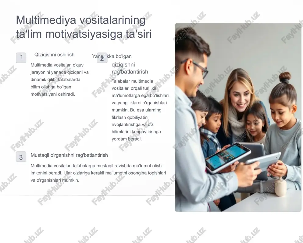 arli tarzda yetkazish imkoniyatlari haqida so’z yuritiladi. umumiy ma'lumotlar 1 animatsiya - bu rasmlar yoki modellarni ketma-ket harakatlantirish orqali yaratilgan harakatli tasvirlardir. 2 animatsiya turli shakllarda bo'lishi mumkin - 2d, 3d, stop- motion va boshqalar. 3 ta'limda animatsiya o'quv jarayonini qiziqarli va o'ziga jalb qiluvchi qilish imkonini beradi. diktatok ta'minotning tarkibiy elementlari mavzu darsning asosiy mavzusi. maqsad o'quvchilar nimalarni o'rganishlari kerak. vazifalar dars davomida bajarish kerak bo'lgan vazifalar. tarkib animatsiyalar, ovoz yozuvlari, interfaol elementlar. diktatok ta'minotidagi audio va video tarkiblar ovoz yozuvi tushunarli va jozibador ovoz yozuvlari yaratish muhim. video tarkib animatsiyalarni o'quvchilarga tushunarli qilib ko'rsatish. xulosa animatsiyalar ta'limda samarali vosita. ular qiziqishni oshiradi, tushunishni yaxshilaydi va bilimlarni uzoqroq saqlashga yordam beradi. foydalanilgan adabiyotlar tursunov q. sh va b. "fizika o'qitish metodikasi" fanidan o'quv-uslubiy majmua. qarshi-2010. internetdan. 96 b. uzoqova g. s., tursunov q. sh. fizika o'qitishning nazany asoslari. -t.: o'zbekiston, 2008. 1356. panov yu.d., egorov r.f. matematicheskaya fizika. metodi …