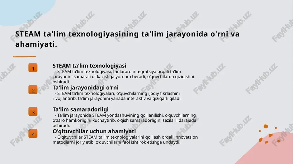 lda qo'llash imkoniyatiga ega bo'lishadi. 3 bilim almashinuvi o'quv jarayonida interfaol muhitlar bilim almashinuvi va hamkorlikni rag'batlantiradi, bu esa o'zaro fikrlar va g'oyalar almashishiga yordam beradi. 4 innovatsion yondashuvlar interfaol o'quv muhitlari innovatsion yondashuvlarni qo'llash imkonini beradi, bu esa ta'lim jarayonini yanada qiziqarli va samarali qiladi. o'zbekistonda steam ta'limining ijtimoiy-iqtisodiy ahamiyati. 01 o'zbekiston iqtisodiyoti steam ta'limi o'zbekistonning iqtisodiy rivojlanishiga hissa qo'shib, innovatsion sohalarda malakali mutaxassislar tayyorlashga yordam beradi. 02 ijtimoiy taraqqiyot steam ta'limi ijtimoiy taraqqiyotga yo'naltirilgan, yosh avlodni zamonaviy bilimlar bilan ta'minlab, ularning jamiyatga integratsiyasini oshiradi. 03 raqobatbardoshlik steam ta'limining integratsiyasi o'zbekistonning xalqaro raqobatbardoshligini oshiradi, yangi texnologiyalarni joriy etish orqali iqtisodiy barqarorlikni ta'minlaydi. steam ta'limi orqali innovatsion fikrlashni rivojlantirish. innovatsion ta'lim metodlari steam ta'limi innovatsion metodlarni, masalan, loyiha asosida o'qitish va problemali vazifalarni o'z ichiga oladi, bu esa ijodiy fikrlashni rivojlantiradi. o'zaro ta'sir va hamkorlik steam ta'limi o'quvchilar o'rtasida o'zaro ta'sir va hamkorlikni rag'batlantiradi, bu esa fikr almashish va yangi …