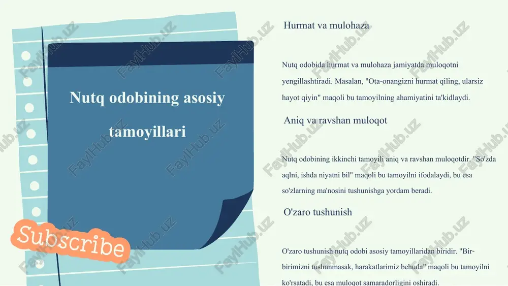 atishi mumkinligini ta'kidlaydi. 2. "yaxshi so'z - yarim shifodir" - bu yerda yaxshi so'zlar insonlar o'rtasida ijobiy munosabatlar o'rnatishga yordam berishi haqida gap boradi. 3. "boshqalar bilan do'st bo'lishni xohlaysanmi, avvalo o'zing do'st bo'l" - bu maqol, odob-axloq va etikaning ahamiyatini ta'kidlaydi. odamlararo muloqotda maqollarning etika o'rni 1. muloqotda maqollarni ishlatish, fikrlarni aniq va tushunarli ifodalash imkonini beradi. 2. maqollar orqali etika va odobni o'z ichiga oluvchi xulq-atvor standartlarini shakllantirish mumkin. 3. odamlar o'rtasida ijobiy va hurmatga asoslangan munosabatlarni rivojlantirishda maqollarning ahamiyati katta. maqollarning ta'siri va kuchi maqollar o'zbek xalqining ijtimoiy va madaniy hayotida muhim o'rin egallaydi. ular nafaqat xalqning qadriyatlarini aks ettiradi, balki jamiyatda axloqiy me'yorlarni belgilaydi. maqollar, shuningdek, odamlarni birlashtirishda, ularga ruhiy kuch berishda va madaniy merosni saqlashda muhim ahamiyatga ega. maqollar orqali beriladigan xabarlar ko‘pincha hayotiy saboqlarga asoslanadi. misol uchun, "birlik kuchdadir" maqoli jamoaviy ishning ahamiyatini ta'kidlaydi; "yigitlarga g'amxo'rlik qiling" maqoli esa yoshlarni tarbiyalashda ehtiyotkorlik zarurligini bildiradi. …