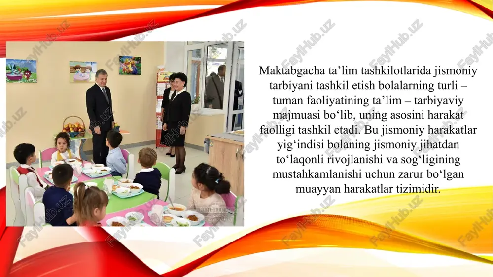 15-20. o‘rta guruh – 20-25 daqiqa tayyorlov guruhi – 30-35 daqiqa davom etadi katta guruh – 25-30 daqiqa. maktabgacha ta’lim tashkilotlarida jismoniy tarbiya mashg‘ulotlarini o‘tkazish vaqtlari belgilangan bo‘lib: jismoniy tarbiya mashg‘ulotlari uch qismga bo‘lib olib boriladi: kirish ( xona bo‘ylab yurish va yugurish, safga turish); asosiy qism ( umumrivojlantiruvchi mashqlar, asosiy harakat turlari, harakatli o‘yinlar va h.); yakuniy qism ( xona bo‘ylab yurish va nafas mashqlari, kam harakatli o‘yinlar). ta’limiy, tarbiyaviy va sog‘lomlashtirish vazifalari jismoniy tarbiya mashg‘ulotining har bir qismi uchun birdek muxim axamiyatga ega. mazkur vazifalarni bajarish bolalarni har tomonlama rivojlanishiga ta’sir etadi. mashg‘ulotning kirish qismi - jismoniy tayyorgarlik qismi vazifalari va mazmuni jismoniy tarbiya mashg‘ulotining birinchi qismi qo‘yilgan vazifalar va uning asosiy qismidagi mashqlar mazmuni va turiga kura turlicha bo‘lishi mumkin. kichik guruhlarda 2 - 4 daqiqagacha o‘rta guruhlarda 3 - 5 daqiqagacha. tayyorlov guruhlarda 5 - 6 daqiqagacha davom etadi. katta guruhlarda 4 - 6 daqiqagacha. jismoniy …