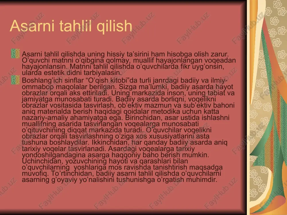 ustaqil reja tuza olishlari kerak. rejaning eng oddiy formasi rasmli reja hisoblanadi. buning uchun avval bolalar kitobda berilgan rasmlardan matn qismiga mosini tanlashga va uni nomlashga o’rgatiladi; keyin matn qismiga tayyor rasm berilmaydi, uni bolalarning o’zlari so’z bilan tasvirlaydilar; hikoya o’qiladi va qismlari bo’yicha tahlil qilinadi, so’ng o’quvchilar matnning 1-qismini o’qiydilar, o’qituvchi ulardan qanday rasm chizishni so’raydi, ish mana shu tarzda davom etadi. o’quvchilar rasmli reja tuzishdan logik reja tuzishga o’tadilar, logik reja tuzish quyidagi izchillikda o’rgatiladi: 1.o’qituvchi qismlarga bo’lingan matn tanlab reja tuzadi va matn rejasini o’rnini almashtirib, sarlavha tarzida xattaxtaning chap tomoniga yozib qo’yadi. o’quvchilar matnning 1-qismini o’qiydilar, shu qism mazmuniga mos sarlavhani topadilar, uni o’qituvchi xattaxtaning o’ng tomoniga yozadi, shunday qilib, xattaxtada o’qilgan matnning rejasi hosil bo’ladi. 2.matn qismlarini tahlil qilish jarayonida o’quvchilar o’qituvchi rahbarligida har bir qismdagi asosiy qismni aniqlaydilar va unga sarlavha topadilar, o’qituvchi sarlavhalarni reja tarzida xattaxtaga yozib boradi. 3.qismlarga bo’linmagan matn tanlanadi, sarlavhalar …