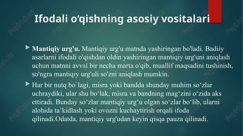 7.png image8.png image2.png image3.png image4.png image5.png q | osivo mid | texnologiyalar |_|u i universiteti 1-qadam ifodali o'gishga tayyorgarlik matn bilan tanishishdan boshlanadi. o'zingiz orgali muallifning fikrlarini va gahramoniamning his-tuyg'ularini etkazish uchun siz ulamni to'lig his qilishingiz kerak. asar syujetini tushuning, o'zingiz uchun mantigiy alogalami tushunib oling. shundan so'ng, qahramonlarning harakatlarining motiviari, ularning his-tuyg'ulari, tajribalari haqida o'ylang. matn haqida aniqrog tasavvur hosil qilish uchun uning qanday sharoitlarda yaratilganligini, muallif shu vaqt ichida nimalarni boshdan kechirganligini bilib olishingiz mumkin. fagat she'r, hikoya yoki asarni iloji boricha to'liq tushungan holda, siz muallif tomonidan yaratilgan obraziamni tomoshabinlarga etkaza olasiz. 2-qadam ovoz chigarib o'giydigan matn parchasini chop eting. mavzuga qarab o’gish tezligi va ritmini tanlang matnni pauza qiling. tinish belgilari bolgan joylarda mantiqiy pauzalar zarur, ular tufayli bayonot to'liq bolladi. verguldan keyingi pauza muddat yoki ellipsisdan keyingi pauzadan qisqa bo'lishi kerak. psixologik pauzalar joyini belgilash uchun boshqa belgidan foydalaning. ular o'quvchiga ibora yoki gapning …