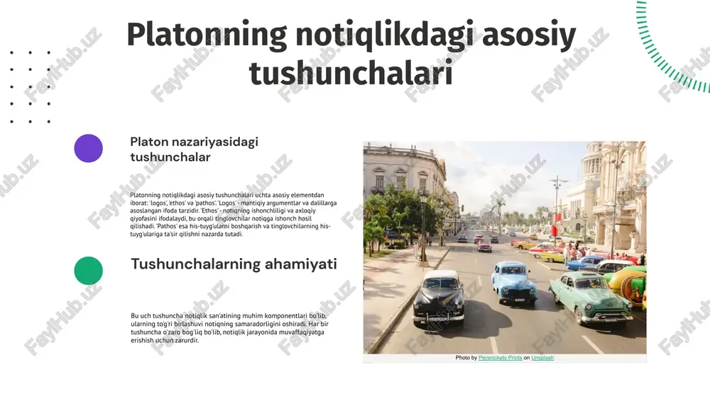 yondashuvi platon asarlarida notiqlik va falsafa o'rtasidagi aloqalar chuqur o'rganilgan. u notiqlikni bilim va haqiqatni izlash jarayonida muhim vosita sifatida ko'radi. masalan, "dialoglar" asarida sokratning savol-javob usuli orqali haqiqatga yetishish jarayoni notiqlik va falsafani birlashtiradi. "gorgias" asarida esa notiqlik va falsafiy fikr o'rtasidagi kurash ko'rsatiladi, bu yerda sokrat notiqlikning haqiqiy maqsadini ochib beradi. shuningdek, "devor" asaridagi notiqlik, haqiqiy bilimni anglashda muhim rol o'ynaydi, bu esa falsafiy fikrni rivojlantiradi. bular notiqlik va falsafa o'rtasidagi o'zaro ta'sirni namoyish etadi. platon asarlarida notiqlik va adabiyotning o'zaro ta'siri notiqlik va adabiyot o'rtasidagi bog'lanish platon asarlarida muhim ahamiyatga ega. platon, notiqlikni adabiy ifodalar orqali rivojlantirgan va bu ikki soha o'rtasidagi o'zaro ta'sirni kuchaytirgan. 1. "g'oyalar to'g'risida" asarida platon, notiqlik orqali g'oyalarni ifoda etishning ahamiyatini ta'kidlaydi. bu asarda, notiqlik adabiyot orqali g'oyalar va fikrlarni qanday rivojlantirishi ko'rsatilgan. 2. "sokratning himoyasi"da, sokratning nutqlari orqali adabiyot va notiqlik o'rtasidagi o'zaro ta'sirni ko'rish mumkin. sokrat o'z nutqlari bilan nafaqat …