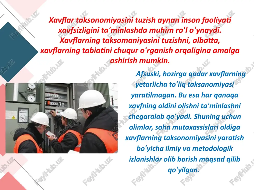 u usulda ishlab chiqarish jarayonini mexanizatsiyalashtirish va avtomatlashtirish, jihoz, uskunalarni masofadan turib boshqarish, robotlarni qo‘llash va boshqa boshqaruv tizimlari orqali amalga oshiriladi. 2. xavfsizlik qoidarini qo‘llab xavflarni bartaraf qilish yoki texnosfera (ishlab chiqarish muhiti)ni normallashtirish hamda texnosfera xarakteristikalarini inson xarakteristikalarini xarakteristikalariga moslashtirishga asoslangan. 3. ish joylaridagi ishlovchilarni himoya vositalari yordamida himoyalashga asoslangan. bunda texnosfera xarakteristikalarini o‘zgartirish uchun har xil himoya vositalri qo‘llaniladi. faoliyat xavfsizligini ta’minlash vositalari. texnosferada ishlovchilarga zararli va xavfli ishlab chiqarish omillarining ta’sirini kamaytirish yoki oldini olish uchun turli maqsadli himoya vositalari qurilmalari qo‘llaniladi. himoya vositlari har bir zararli holat uchun mehnat xavfsizligi talablariga asoslanib qo‘llaniladi. himoya vositalri qo‘lanilish xarakteriga qarab: jamoa himoya vositalari (jhv) va shaxsiy himoya vositalariga (shhv) bo‘linadi. foydalanilgan adabiyotlar: qudratov, t.g’aniev, o’. yuldashev, g’.yo. yormatov, n. xabibullaev, f.d xudoev. «hayot faoliyati xavfsizligi» maruzalar kursi. toshkent 2005 y yuldashev o.r., sapaev sh.m., va boshqalar «hayot faoliyati xavfsizligi» fanidan amaly mashg’ulotlar. o’quv qo’llanma. toshkent 2010 y …