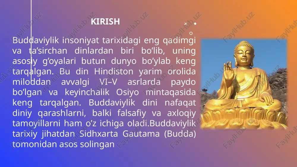 azish) g'oyasiga asoslanadi. pancha shila (besh nasihat: qotillik, o'g'rilik, gumrohlik, yolg'on va mastlikdan saqlanish) va sakkiz qismli yo'lga amal qilinadi. ko'p sektlarga bo'linadi, jumladan, zen (chan), sof maktab va tantrik unsurlar. tarqalgan joylari: xitoy, yaponiya, koreya, tibet, butan va mongoliya. g'arbda (aqsh, yevropa) muhojirlar orqali tarqalgan. tarixiy rivoji: miloddan avvalgi 1-asrdan hindistonda shakllangan, keyin markaziy osiyoga, xitoyga va u yerdan sharqqa yoyilgan. 9-asrda hindistonda zaiflashgan, ammo osiyoda rivojlangan. 20-asrda g'arbda "yangi buddizm" shakllari paydo bo'lgan. 17 xususiyatlari: maxayana ichida, ammo alohida hisoblanadigan oqim. tantrik amaliyotlar (mantra, mandala, vizualizatsiya) va tezroq nirvanani erishishga qaratilgan. sirli va ezoterik unsurlarga boy. tarqalgan joylari: tibet, butan va nepal. g'arbda tibet buddizmi shaklida. tarixiy rivoji: 7–8-asrlarda hindistonda paydo bo'lib, 8-asrda tibetga olib kelingan. padmasambhava kabi figuralar orqali rivojlangan. vajrayana (tantrik buddizm) – "olmos aravahi" 18 xulosa buddaviylik – dunyoning eng qadimgi dinlaridan biri bo’lib, uning paydo bo’lishi miloddan avvalgi vi–v asrlarga borib taqaladi. ushbu dinning …