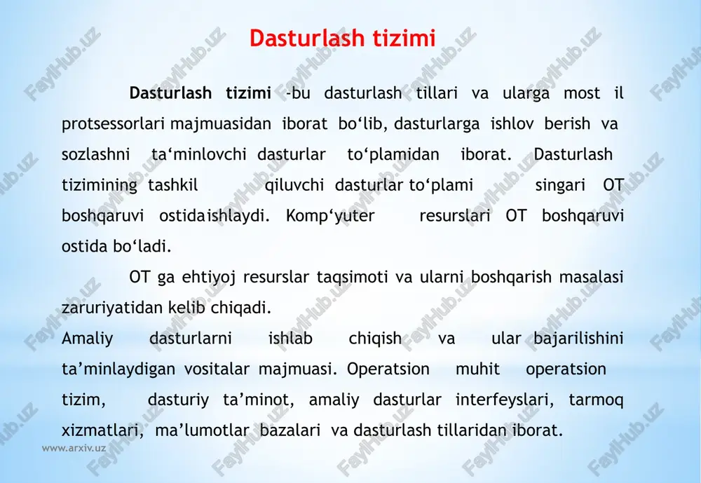 a ketma-ket joylashgan bo‘lsa, u xolda xotiraning navbatdagi manzilidan berilganlarni olish uchun xar safar keyingi manzil qidirilmasdan kerakli berilganlar ketma-ket tanlab olinadi. www.arxiv.uz indeksli –bunda berilganlarning navbatdagi qismi tugagandan so‘ng o‘zining davomi qaerda joylashganligi haqidagi ma‘lumot bevosita berilganlardan keyin joylashgan bo‘ladi va bu ma‘lumot tahlil qilinib berilganlarning davomi kursatilgan joydan boshlab taxlil kilinadi. indeksli ketma-ket - bu indeksli boshkarishdan farqi berilganlar davomi ko‘rsatilgan joydan emas balki bir nechta berilganlar birligidan iborat ketma-ketlik ko‘rinishida beriladi. ximoya. ot da ishlatiladigan berilganlar ximoyalangan bulishi kerak. effektiv joylashtirish - bunda berilganlar pog‘onama-pog‘ona joylashtiriladi. www.arxiv.uz operatsion tizimga misollar - ms-dos, linux, unix, windows, solaris va boshqalar. ms-dos operatsion (amaliy) tizimi. microsoft korporatsiyasi tomonidan taklif qilingan operatsion tizim. ms-dos ning birinchi rusumi 1981 yilda paydo bo‘lgan. avvalambor, microsoft kompaniyasi tomonidan ibm uchun ishlab chiqilgan ms-dos, ibm - uyg‘un kompyuterlar uchun standart operatsion tizimdir. ms-dos 16-xonali operatsion tizimi bo‘lib, u ko‘pfoydalanuvchili va ko‘pmasalali maromlarni qo‘llab-quvvatlamaydi. operatsion tizimning …