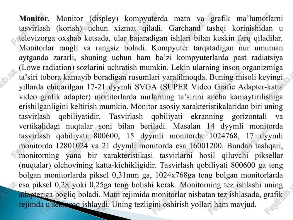 ning imkoniyati hagida aytmay iloji yo‘q. multimedia — matn, tovushli ma’lumotlarni, tabiiy va grafik tasvirlarni birlashtiruvchi axborot texnologiyasidir. multimedia uchun zamonaviy cd-rom texnologiyalar taqdimnomasi ilk marta 1987- yili sietldagi konferensiyada (second microsoft cd — rom conference) bo‘lib o‘tdi va bu sana video va audioaxborotli to‘laqonli multimedia paydo bo‘lishining boshlanishi deb hisoblanadi. hozirgi kunda axborotlarni tashish va saqlashning es juda qulay vositalaridan biri bo‘lgan usb- y » yig‘uvchilardan flash-xotira va flash-disklar xizmat qilmoqda. usb-yig‘uvchilar — ko‘p marta yoziladigan yarim o‘tkazgichli xotiradir. ular integral mikrosxemalar asosiga qurilgan bo‘lib, mexanik harakatlanuvchi qismlardan holidir. flash-xotiraning axborot sig‘imi 16 mbaytdan bir necha o‘n gbaytgacha bo‘lgan turlari mavjud. flash-xotira va flash- disklarning kun sayin axborot sig‘imi kattalari ishlab chiqarilmoqda. printer — ma’lumotlarni qog‘ozga chiqarish qurilmasi. hozirgi kunda printerlarning uch turi mavjud: bosma (matritsa-o‘yma qolipli), purkovchi, lazerli. printerlarning bosma turi hozirgi kunda deyarli foydalanilmaydi. purkovchi printer ma’lumotlarni, maxsus idishdagi suyuqlikni juda kichik naycha teshigidan bosimli purkash yo‘li …
