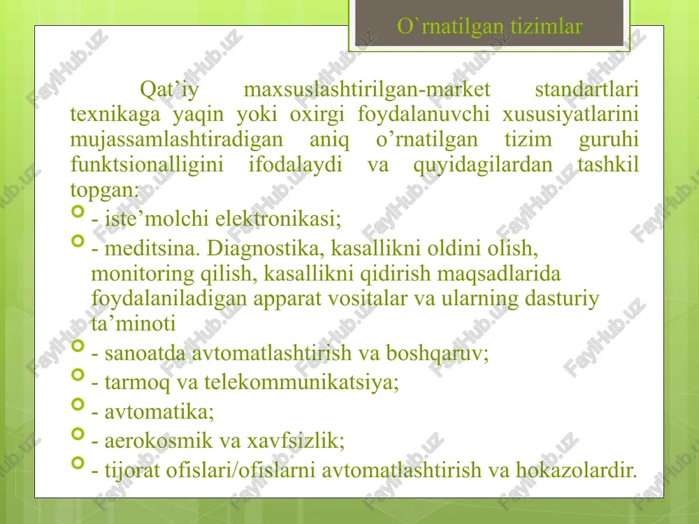 mashina tiliga olib ko’rsatish. bu bosqichda sintaktik xatolar aniqlanadi. dastur listingidagi sintaktik xatolarni fortran, paskalp tilidagi ko’ramalar deagnostik xabar beradi. xatolar xaqidagi xabarlar har xil evm larda va tizim versiyalarida (fortran, paskalp, beysik) shakliga qarab har xil bo’lishi mumkin. o`rnatilgan tizimlar foydalanilgan adabiyotlar a.a. abduazizov. elektr aloqa nazariyasi. – t.: “nashr-matbaa”, 2013y. - 366 b. a.a. abduazizov, m.m. muxitdinov, ya.t. yusupov. radiotexnik zanjirlar va signallar. –t.: “sams asa”, 2012y. - 480 b. a.a. abduazizov. elektr aloqa nazariyasi. t.: fan va texnologiyalar, 2010. abduazizov a.a., faziljanov i.r., yusupov ya.t. signallarga raqamli ishlov berish. – t.: cho’lpon nomidagi nmiu, – 2013y. –160 b. proks dj. sifrovaya svyaz– m: radio i svyaz, 2000. o`rnatilgan tizimlar image2.png