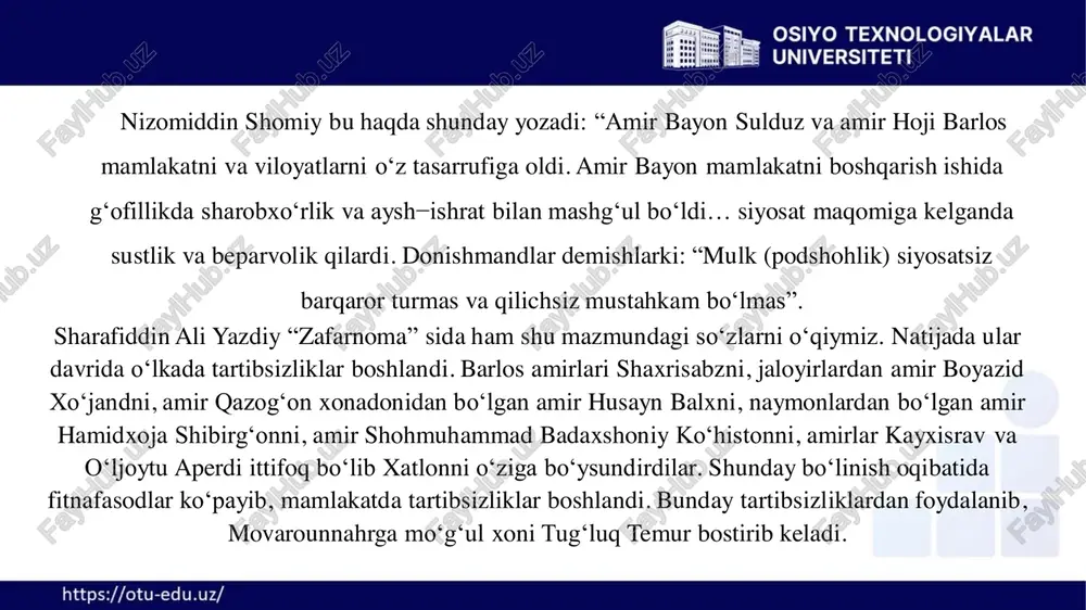 shon bo‘lib qaytdilar. ko‘pi egarlarini orqalariga solib, tirkashlarini qo‘ltiqlarig‘a tutub ketdilar”, deb yoritilgan. b. ahmedov fikricha, sarbadorlar g‘alabasidan amir husayn foydalanib, hiyla ishlatib, harakatning boshliqlarini qo‘lga tushiradi va abubakr kalaviy bilan xurdak buxoriyni osib o‘ldiradi. mavlonzodani esa temurbek dor ostidan qutqarib qoldi59. a.yu. yakubovskiy, i. mo‘minov tadqiqotlarida sarbadorlar harakati rahnamolari bilan amir temur o‘rtasida oldindan munosabatlar bo‘lganligiga ishora qilingan, biroq aloqalar qanday vujudga kelgani aniqlanmagan edi. amir temur hayoti va faoliyati har bir davrda dunyo olimlarining diqqat markazida bo‘lib keldi. g‘arb tarixshunosligida amir temur shaxsiga e’tibor xviii asrdanoq boshlangan va kelgusi davrlarda uning hayoti, faoliyatiga qiziqish doimo ortib borgan edi. jahon tarixshunosligida amir temur to‘g‘risida ko‘plab monografiya va maqolalar yozilib nashr etildi. ularda sohibqironning davlat, ijtimoiy-siyosiy qurilishi, ijtimoiy-iqtisodiy munosabatlar, ma’muriy tizim, harbiy yurishlar, diplomatiya, din, fan, madaniyat, san’at sohalaridagi ko‘p qirrali faoliyati yoritilgan. xx asr jahon sharqshunosligida mustaqil ilmiy yo‘nalish–“temurshunoslik” shakllandi va ular orasida r. grosse, l. keren, ye.rose, x.xukxem, …