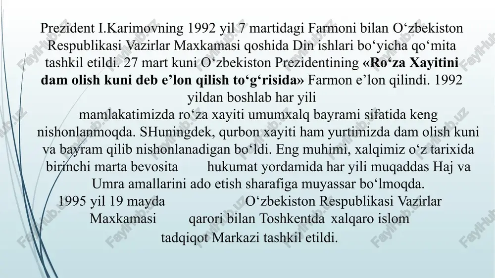 madaniy taraqqiyoti o'zbekiston mustaqillikka erishgach, ajdodlarimizdan qolgan madaniy tarixiy merosga e'tibor kuchaydi, tarixiy yodgorliklar davlat nazorati ostiga olindi. istiqlol yillarida buxoro, samarqand, termiz, shahrisabz kabi shaharlarda xiva, toshkent. qo'qon. ulug' ajdodlarimizning yuksak iste'dodi bilan bunyod etilgan obidalar o'zining haqiqiy qadr-qimmatini topdi, ularni ta'mirlash va asl qiyofasini tiklash davlatimiz siyosatining ustuvor yo'nalishlaridan biriga aylandi. toptalgan tariximiz, qutlug' qadamjolar, hatto nomlari ham unutilayozgan obidalar ta'mirlandi, qayta tiklandi. imom al buxoriy, imom at-termiziy, abu mansur al- moturudiy, marg'inoniy, ahmad al-farg'oniy, burhoniddin al- mahmud az-zamaxshariy kabi ulug' allomalarimizning sha'nlariga munosib yodgorlik majmualar yaratildi. toshkent, samarqand va shahrisabzda sohibqiron amir temur, toshkentda mirzo ulug'bek, alisher navoiy, urganchda jaloliddin manguberdi, termizda alpomish haykallari qad ko'tardi. bugungi kunda mamlakatimizda etti mingdan ortiq yodgorlik, shu jumladan, 2500 ta me'moriy obida, 2700 tadan ortiq monumental san'at asari davlat muhofazasiga olingan. 1991 yildan xivadagi qo'riqxonasidagi, 1993 yildan buxoro shahri 2000 yildan shahrisabz shahri markazidagi ichonqal'a markazidagi, yodgorliklar yuneskoning “umumjahon madaniy …