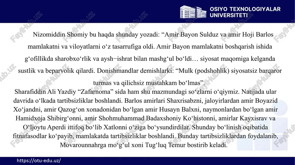 bo‘lib qaytdilar. ko‘pi egarlarini orqalariga solib, tirkashlarini qo‘ltiqlarig‘a tutub ketdilar”, deb yoritilgan. b. ahmedov fikricha, sarbadorlar g‘alabasidan amir husayn foydalanib, hiyla ishlatib, harakatning boshliqlarini qo‘lga tushiradi va abubakr kalaviy bilan xurdak buxoriyni osib o‘ldiradi. mavlonzodani esa temurbek dor ostidan qutqarib qoldi59. a.yu. yakubovskiy, i. mo‘minov tadqiqotlarida sarbadorlar harakati rahnamolari bilan amir temur o‘rtasida oldindan munosabatlar bo‘lganligiga ishora qilingan, biroq aloqalar qanday vujudga kelgani aniqlanmagan edi. 7 amir temur hayoti va faoliyati har bir davrda dunyo olimlarining diqqat markazida bo‘lib keldi. g‘arb tarixshunosligida amir temur shaxsiga e’tibor xviii asrdanoq boshlangan va kelgusi davrlarda uning hayoti, faoliyatiga qiziqish doimo ortib borgan edi. jahon tarixshunosligida amir temur to‘g‘risida ko‘plab monografiya va maqolalar yozilib nashr etildi. ularda sohibqironning davlat, ijtimoiy-siyosiy qurilishi, ijtimoiy-iqtisodiy munosabatlar, ma’muriy tizim, harbiy yurishlar, diplomatiya, din, fan, madaniyat, san’at sohalaridagi ko‘p qirrali faoliyati yoritilgan. xx asr jahon sharqshunosligida mustaqil ilmiy yo‘nalish–“temurshunoslik” shakllandi va ular orasida r. grosse, l. keren, ye.rose, x.xukxem, …