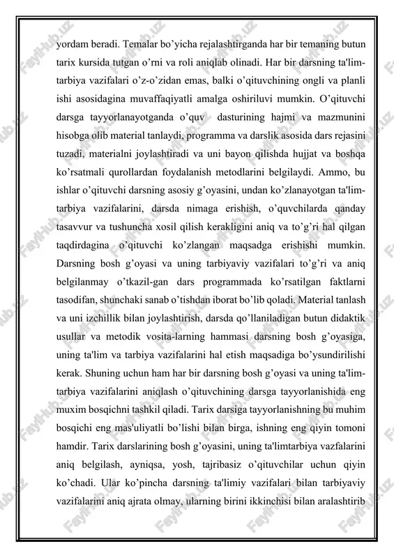 di, - degan savolga, o’quvchilarni milliy ruhda tarbiyalashni ko’zda tutdim,— degan mazmundagi umumiy javob olinadi. darslar mohiyatiga qarab turlarga ajratiladi. tarix darslarining mohiyatini ta'lim jarayoni tashkil qiladi. demak, ta'lim jarayonining ob'ektiv qonuniyatlariga asoslanib, tarix darslarini turlarga bo’linishi masalasini to’g’ri hal qilish mumkin. darsning har xil turlariga xarakteristika berishda o’quvchilarni tarixiy voqealarni idrok qilishga tayyorlash, materialni tahlil qilishga, asosiy tarixiy faktlar, tushunchalar va qonuniyatlarni anglab olishga, umumlashtirishga, olgan bilimlaridan zarur paytda foydalanishga o’rgatish kabi ta'lim jarayonlari e'tiborga olinadi. tarix darslarini turlarga bo’lishda uning bir turini boshqa turlaridan ajratib qarash yaramaydi. chunonchi, o’quvchilarning yangi temani puxta o’zlashtirishi uchun dastlab temaning kirish darsi o’tkaziladi; o’rganilgan tema yoki bo’limni yakunlash uchun — yakunlovchi dars turidan foydalaniladi. masalan, qadimgi dunyo tarixining «ibtidoiy odamlar turmushi» degan birinchi bo’limi oxirida bo’ladigan bir soatlik yakunlovchi darsda to’rt soat davomida o’rganilgan materialni tahlil qilib, o’quvchilar ibtidoiy jamoa tuzumining asosiy bel-gilarini tushunib, bilib oladi. shuningdek, «qadimgi sharq» degan ikkinchi bo’lim …