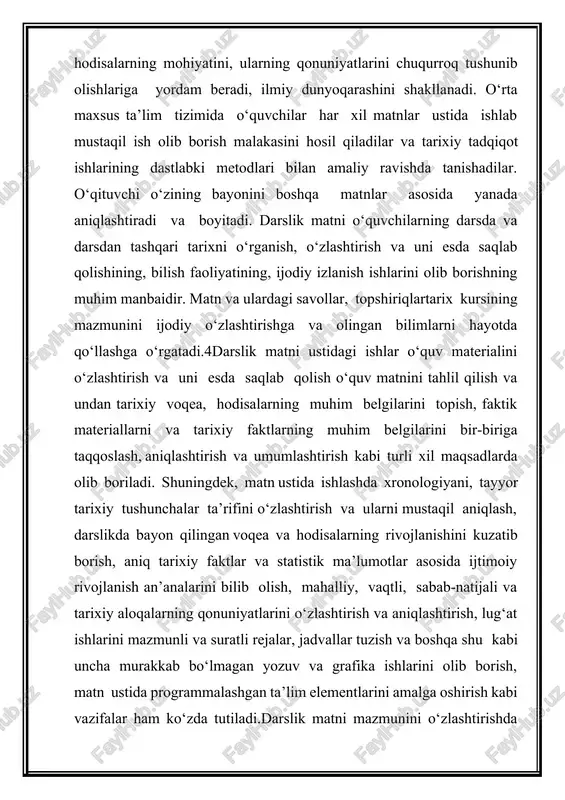lishga o‘rgatiladi. o‘qituvchi yangi materialni bayon qilishdan oldin o‘quvchilarga shu paragraf ichidagi kichik sarlavhalarni o‘qishni tavsiya qiladi va darsni bayon qilish rejasi bilan tanishtiradi, ularning mazmuni va ifodalanishidagi tafovutlarning sabablarini izohlab beradi. o‘qituvchi o‘zining ba-yoni davomida kichik sarlavhalar ichidagi mavzularga takror-takror qaytishi mumkin. ayniqsa,yangi tushunchalarga duch kelinganda shunday bo‘ladi. darslik matni mazmunini bevosita o‘zlashtirish bilan bog‘liq bo‘lgan ishlar. bu darslik matni ustida olib boriladigan ishning markaziy masalasidir. bu ishlar matnni tahlil qilish, umumlashtirish, tarixiy faktlarga baho berish, ular o‘rtasidagi sabab va boshqa aloqalarni ochib ko‘rsatish va ularni taqqoslashdan iboratdnr. bu ishlarquyidagi metodik usullar bilan: a) har bir p a r a g r a fyokimavzu mazmunining eng muhim masalalari yuzasidan testtuzdirish yo‘li bilan; b) o‘qituvchi bergan savollarga o‘quvchilarning darslik matnidan javob topish yo‘li bilan; v) darslik matnidan o‘qituvchining xulosasini tasdiqlovchi faktlarni toptirish yo‘li bilan; g) darslik matnida bayon etilgan voqealarning bir-biriga o‘xshashligini, farqlarini aniqlash yo‘li bilan; d) tasdiqlab berishni talab …