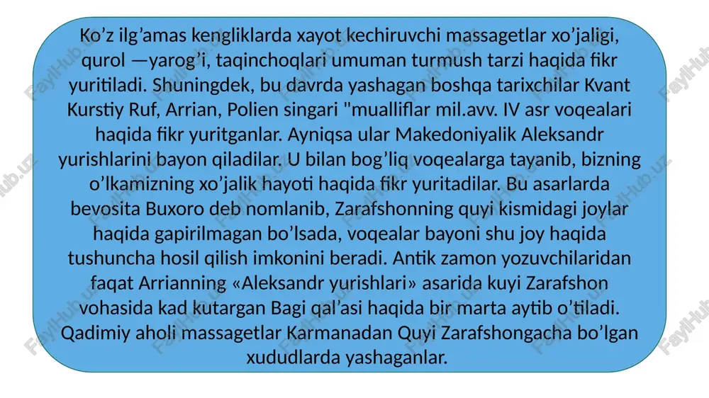 b, tarix sahifalaridan joy oldi. buxoro vohasi buxoro amirligining markaziy mintaqasi bo’lib, o’zok; vaqtgacha bu joyda arxeologik tekshirishlar o’tkazish mumkin bo’lmagan. ayniqsa, buxoro hukmdorlari, islom dini vakillari o’lkadagi yodgorliklarni qazib o’rganishni man qilganlar. dunyo miqyosida xvii —xviii asrlardan boshlab qadimiy madaniyat obidalarini arxeologik nuqtai—nazardan tadqiq qilish boshlangan bo’lsa, bizning o’lkamizda bu ishlar faqatgina xx —asrning boshlaridan boshlangan. e’tiboringiz uchun rahmat image1.jpg image2.jpg image3.jpg /docprops/thumbnail.jpeg