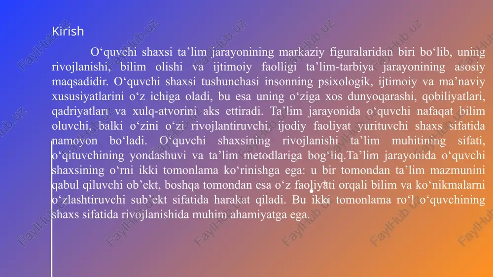 ar’yera muvaffaqiyatini ko‘rsatadigan statistikani keltirish mumkin: ular 20-30% ko‘proq muvaffaqiyatga erishadi. amaliy misol: debatlarda o‘quvchilar mavzuni muhokama qiladi, o‘z fikrini himoya qiladi. bu mustaqil fikrlashni rivojlantiradi. 11 oʻquvchi shaxsining obʼektlikdan subʼektlikka oʻtish bosqichlari oʻquvchi shaxsining obʼektlikdan subʼektlikka oʻtishi taʼlim jarayonining dinamik rivojlanishini ifodalaydi. bu jarayon bosqichma-bosqich kechadi va bir qator psixologik, pedagogik va ijtimoiy omillarga bogʻliq. obʼektlik holati oʻquvchi faqat oʻqituvchi tomonidan berilgan topshiriqlarni bajaruvchi, oʻz tashabbusi yoʻq passiv element sifatida koʻrinadi. subʼektlik esa oʻquvchi oʻz taʼlim maqsadlarini belgilaydigan, tanqidiy fikrlaydigan va masʼuliyatli shaxs sifatida shakllanishini bildiradi. bu oʻtish jarayoni quyidagi bosqichlarga boʻlinadi: tanishish va moslashish, motivatsiya va faollikni oshirish, refleksiya va oʻz-oʻzini boshqarish.birinchi bosqich – tanishish va moslashish – oʻquvchi taʼlim muhitiga kirib, obʼekt sifatida qabul qilinadigan davrdir. bu yerda oʻquvchi oʻqituvchi rahbarligida asosiy bilim va koʻnikmalarni egallaydi. 13 shaxsga yoʻnaltirilgan taʼlimning mohiyati shaxsga yoʻnaltirilgan taʼlim (person-centered education) taʼlim jarayonining markaziga oʻquvchi shaxsini qoʻyishni bildiradi. bu yondashuvning mohiyati oʻquvchi …