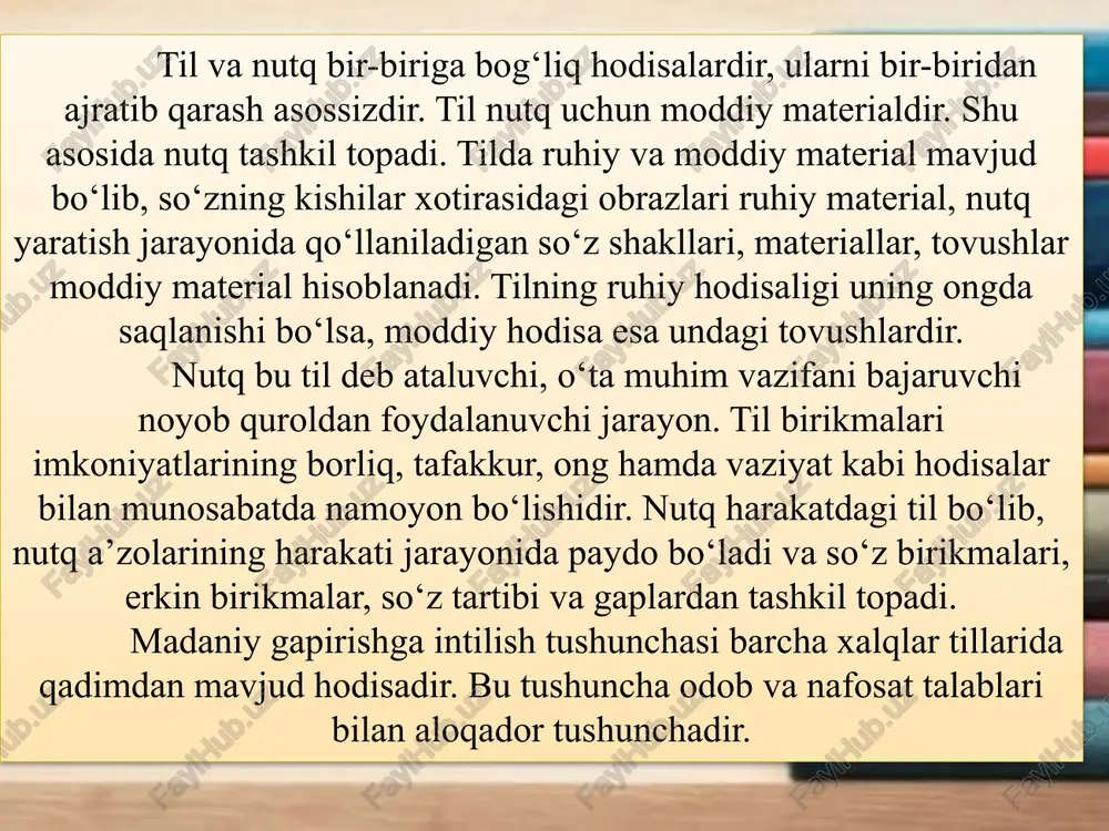 dalanish, so‘z takror ayrim eskirgan so‘zlarni qo‘llash nutqni uslubiy jihatdan buzadi. e’tiboringiz uchun rahmat! image2.jpeg image1.jpeg wi! /docprops/thumbnail.jpeg adabiy til me’yorlari reja: o'zbek adabiy tiling talaffuz va so'z yasalish me'yorlari o'2bek adabiy tilining leks me'yorlar (o2bek adabiy tlining morfologk va sintaktk me'yorlari o'2bek adabiy tilining uslubiy me'yorlari