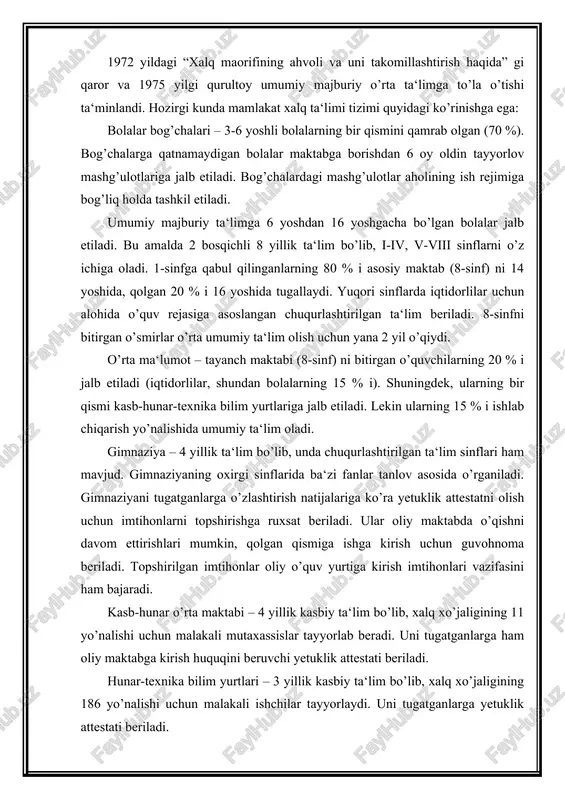 mnaziyani tugatganlarga o’zlashtirish natijalariga ko’ra yetuklik attestatni olish uchun imtihonlarni topshirishga ruxsat beriladi. ular oliy maktabda o’qishni davom ettirishlari mumkin, qolgan qismiga ishga kirish uchun guvohnoma beriladi. topshirilgan imtihonlar oliy o’quv yurtiga kirish imtihonlari vazifasini ham bajaradi. kasb-hunar o’rta maktabi – 4 yillik kasbiy ta‘lim bo’lib, xalq xo’jaligining 11 yo’nalishi uchun malakali mutaxassislar tayyorlab beradi. uni tugatganlarga ham oliy maktabga kirish huquqini beruvchi yetuklik attestati beriladi. hunar-texnika bilim yurtlari – 3 yillik kasbiy ta‘lim bo’lib, xalq xo’jaligining 186 yo’nalishi uchun malakali ishchilar tayyorlaydi. uni tugatganlarga yetuklik attestati beriladi. gimnaziya va kasb-hunar maktablarining kechki va sirtqi bo’limlari ham mavjud bo’lib, hamma uchun ochiqdir. oliy o’quv yurtlari – 18 universitet, 32 institut va yana bir necha oliy maktablarni o’z ichiga oladi. boshlang’ich sinf o’qituvchilari – pedagogika bilim yurtlarida, o’rta maktab o’qituvchilari esa pedagogika institutlari va universitetlarda bayyorlanadi. shuningdek, aspirantura, doktorantura, kon‘yunktura, fanlar akademiyasi, malaka oshirish va qayta tayyorlash muassasalari faoliyat ko’rsatmoqda. ularda …