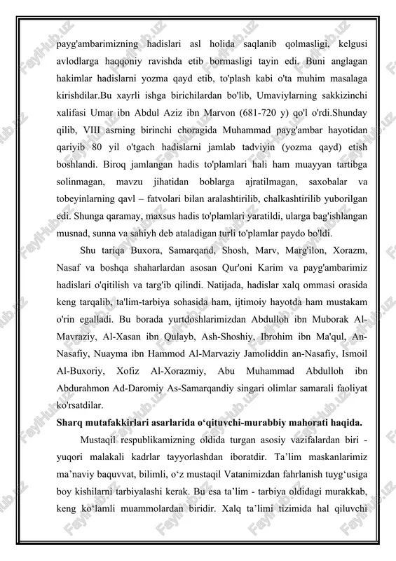 vchi inson-o‘qituvchidir. agar o‘qituvchi ijodkor va izlanuvchan bo‘lsa, o‘quvchi bilim darajasi ham baland bo‘ladi. o‘qituvchilarimiz bugungi zamon talablariga mos bilimlar sohibi, yangilangan ta’lim mazmunini egallagan bo‘lishlari kerak. pedagog xodimlar o‘zlarini kasb ko‘nikmalari muallimlik va tarbiyachilik mahoratlarini doimo takomillashtirib borishlari shart, deb ta’kidlanadi «ta’lim to‘g‘risida»gi qonunda. o‘qituvchi kasbining nozikligi, mas‘uliyatliligi va murakkabligi hamda sharafli ekanligi to‘g‘risida mulohazalar, muallimning mahorati, ularga qo‘yiladigan talablar, fazilatlariga oid qarashlar, munosabatga kirishish mahorati, muomala madaniyati sharq mutafakkirlarining asarlarida o‘z ifodasini topgan. sharq pedagogikasi va pedagogik mahorati ming yillik tarixga ega. sharq ma’naviy-madaniyatining xilma-xil jihatlari, ayniqsa uyg‘onish davrida juda rivojlangan bo‘lib, bu davrda yashab ijod etgan abu nasr farobiy, al-xorazmiy, abu ali ibn sino, abu rayhon beruniy, abdurahmon jomiy, jaloliddin devoniy, alisher navoiy va boshqa ko‘plab mutafakkirlarning ijodlari pedagogik tafakkur taraqqiyotida yosh murabbiylarning ma’naviy-axloqiy kamolotida muhim manbaa bo‘lib xizmat qiladi. sharqning buyuk allomasi, qomusiy olim abu nasr farobiy (873-950) muallimning ijtimoiy hayotda tutgan o‘rni va uning o‘ziga …