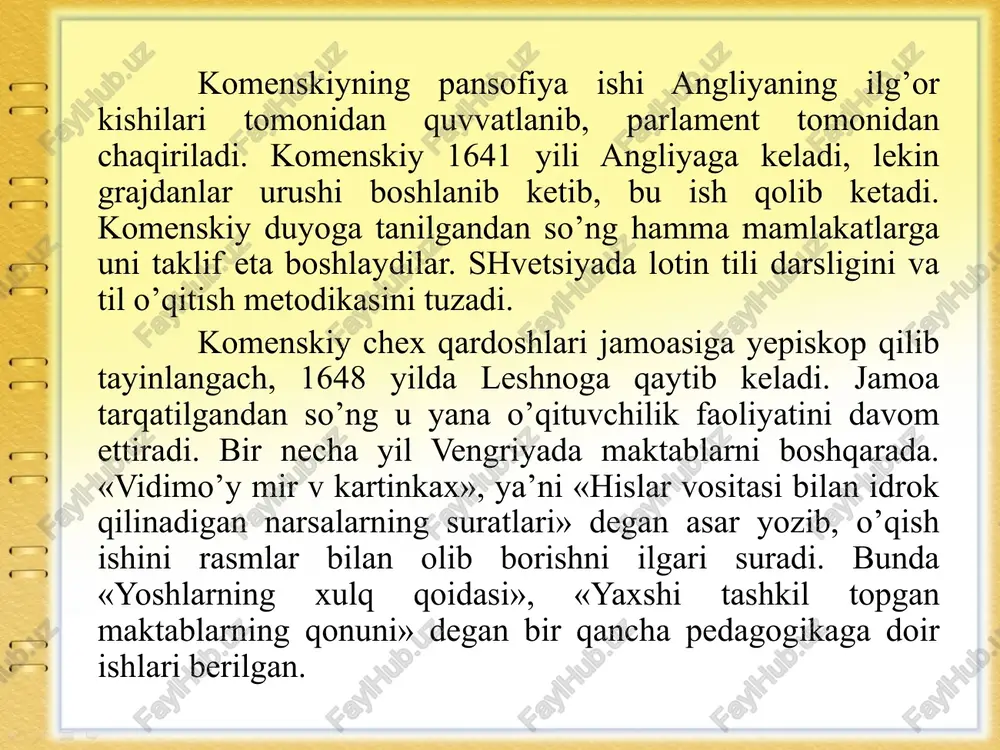 liy tarbiya. axloqiy tarbiya. diniy tarbiya. bu maqsad bolaning tug’ilganidan to 24 yoshigacha amalga oshadi, bu davr ichida bola to’rt maktabni o’qib tugatishi, har birida 6 yil o’qishi kerak, deb hisoblaydi. komenskiy o’zining «buyuk didaktika» asarida maktabda o’qitish tizimini amalga oshirishda quyidagi didaktik tamoyillarga amal qilishni tavsiya etadi. ko’rsatmalilik tamoyili; onglilik tamoyili; izchillik va tizimlilik tamoyili; mashq qilish, bilim va malakalarni puxta egallash tamoyillari. image1.jpeg image2.jpeg image3.jpeg image4.png image5.png image6.jpeg image7.jpeg image8.jpeg image9.jpeg image10.jpeg image11.png image12.png image13.jpeg image14.jpeg image15.jpeg image16.jpeg image17.jpeg se ss ss so ee > bese al. a. komencxait tlegarormeckoe macxeane #la.komehckmia aaokk -pycco, we tectaaouum /docprops/thumbnail.jpeg "yan amos komenskiyning —-pedagogik nazariyasi reja: 4. yan amos kortenskiying “buyule didaktica"asarica gar surigan cidaktic goyalar. 2. komenskiyning dunyogarashi 3. asarlarida tarbyaning magsadi a