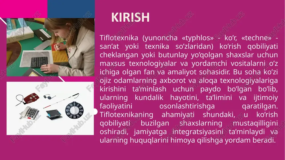 nikatsiya vositalari orqali shaxslar jamiyatga qo’shiladi. mohiyati – ovozli va teginish texnologiyalari yordamida muloqot qilish. masalan, zoom’dagi ekran o’quvchilar masofaviy uchrashuvlarga imkon beradi. dalil: pandemiya paytida tiflotexnika izolyatsiyani kamaytirdi.ko’rish nuqsoniga ega shaxs orcam ko’zoynagi yordamida yuzlarni tanib, do’stlari bilan muloqot qiladi. tahlil: bu ijtimoiy aloqalarni mustahkamlaydi va izolyatsiyani oldini oladi.tiflotexnika va brayl tizimi insoniyatning texnologik taraqqiyotining yorqin namunasidir. 15 xulosa 16 tiflotexnika va brayl tizimi koʻrish qobiliyati zaif odamlarning taʼlim olishi, mehnat qilishi va ijtimoiy hayotga qoʻshilishida asosiy rol oʻynaydi. tiflotexnika maxsus vositalar orqali hayotni osonlashtirsa, brayl shrifti oʻqish-yozishni taʼminlaydi. bu sohalarning rivoji inson huquqlarini himoya qilish va jamiyatdagi tenglikni taʼminlash uchun muhimdir. tiflotexnika koʻrish nuqsoni boʻlgan odamlarning jamiyatga integratsiyalashuvida katta ijtimoiy ahamiyatga ega. u ularning hayotiy ehtiyojlarini qondirish, taʼlim olish va mehnat faoliyatini amalga oshirishda yordam beradi, koʻrlikdan kelib chiqadigan muammolarni bartaraf etadi. ijtimoiy jihatdan, tiflotexnika inson huquqlari va erkinliklarini taʼminlaydi, jamiyatda moddiy va maʼnaviy hayot jarayonida shakllanishiga koʻmaklashadi. …