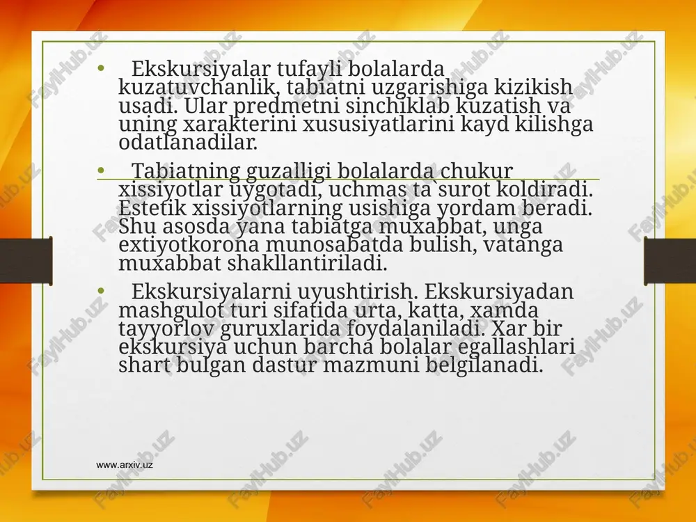 ng xikoyasidan tabiat xakidagi badiiy kitoblarni ukishdan suxbatdan foydalaniladi. ogzaki metodlarda foydalanishda tarbiyachi bolalarning nutkini tushunishga bulgan kobiliyatlarini uzok muddatli ixtiyoriy dikkatlarini va suz orkali berilayotgan mazmunga dikkatni karata olishlarini shuningdek, bolalarda muxokama aniklash, sistemalashtirish predmeti buluvchi u yoki bu xodisa yoki fakt xakida yorkin tasavvurlarning bor yukligini e`tiborga oladi. www.arxiv.uz www.arxiv.uz tarbiyachining xikoyasi xikoyani idrok etish bolalar uchun anchagina murakkab akliy faoliyatdir. bola kattalar nutkini eshitishi va tinglay olishi xikoya davomida uni anglab olishi ogzaki tasvir asosida etralicha jonli obrazlarni aktiv tasavvur kilishi tarbiyachi xikoyasidagi vokea xodisalarni bir biriga boglikligi xamda munosabatlarini aniklash xamda tushunishi xikoya mazmunidagi yanglishlikni uzining avvalgi bilim bilan kiyoslab kurishi lozim www.arxiv.uz www.arxiv.uz www.arxiv.uz www.arxiv.uz suxbat didaktik vazifalardan kelib chikkan xolda suxbat ikki turga – oldindan utkaziladigan suxbatlar va yakuniy suxbatlarga bulinadi. bu suxbatlar mazmunan turli darajada bulishi mumkin: birovlar kuzatiladigan ob`etlarni tor doirada kuzatgandan sung, boshkalari xodisalarning keng doirasini kamrovlari xodisalarning keng doirasini kamrovchilarni …