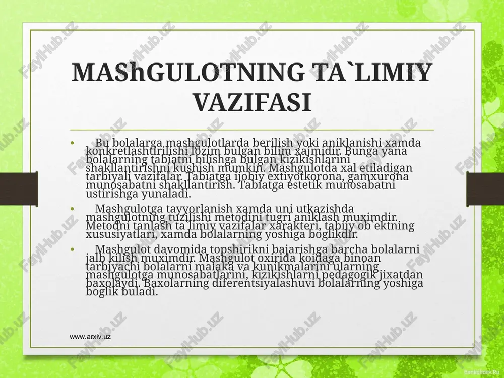 kabi joylarda olib boriladi. www.arxiv.uz www.arxiv.uz www.arxiv.uz www.arxiv.uz tarkatma materiallardan foydalanib kuzatish: bu kuzatishlar urta guruxdan boshlab utkaziladi. bunday kuzatishni tashkil etish bir ob`ektni kuzatishdan kura ancha murakkabrokdir. tarkatma material sifatida usimliklar xamda ularning kismlari: bargi, mevasi, va urugi, shoxlari, sabzavot va mevalardan foydalanish mumkin. rasmlarni kurish, kinofilmlar va diofilmlarni namoyish etish. bu metodlardan foydalanish xilma-xil vazifalarni xal kilishga: tasavvurlarni aniklash va konkretlashtirish bilimlarni sistemalashtirish va umumlashtirish estetik idrokni tarkib toptirishga yordam beradi. rasmlarni kurish: rasmlar tabiat xodisalarini batafsilrok kurish, dikkatni uzzok muddat shularga karatish imkonini beradi, buni esa kupincha tabiatni bevosita kuzatishda tabiatning dinamikligi xamda uzgaruvchanligi tufayli amalga oshirishning imkoni bulmaydi. bundan tashkari kupgina xodisalarni bevosita kuzatish mumkin emas. masalan, yovvoyi xayvonlar, janubiy va shimoliy ulkalarning xayvonlari bilan bolalarni asosan rasmlar orkali tanishtirish mumkin. bolalarni tabiat bilan tanishtirishda didaktik syujetli predmetli shuningdek, badiiy rasmlardan foydalaniladi. www.arxiv.uz www.arxiv.uz didaktik syujetli va predmetli rasmlar – bolalarni ukitishda kurgazmali vosita sifatida maxsus …
