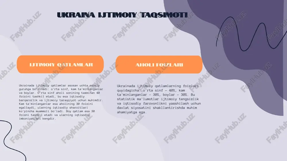 yosiy beqarorlik, saylov jarayonlari va hukumat ta'siridan iborat. 2014 yildan beri ukraina rossiya bilan mojaroga duch kelmoqda, bu mamlakatda siyosiy beqarorlikni kuchaytirdi. saylov jarayonlari ko'pincha noroziliklar va to'qnashuvlar bilan bog'liq bo'ladi. masalan, 2019 yilda bo'lib o'tgan prezident saylovlari vaqtida, yangi saylangan prezident volodimir zelenskiy hukumatni isloh qilish va korruptsiyaga qarshi kurashni va'da qildi. statistik ma'lumotlarga ko'ra, saylovda ishtirok etganlarning 73% dan ortig'i zelenskiyga ovoz berdi, bu esa xalqning yangi rahbarga bo'lgan ishonchini ko'rsatadi. biroq, hukumatning ta'siri va xalqaro hamjamiyat bilan munosabatlar, ayniqsa, rossiya bilan aloqalar, ukraina siyosatini yanada murakkablashtirmoqda. ukrainada ijtimoiy muammolar ta'lim muammolari ukrainada ta'lim tizimi jiddiy muammolarga duch kelmoqda. 2022 yil ma'lumotlariga ko'ra, umumta'lim maktablarida o'qish darajasi 70% ni tashkil etadi, lekin qishloq joylardagi o'quvchilar uchun bu ko'rsatkich 50% gacha pasayadi. shuningdek, oliy ta'limga kirish imkoniyatlari ham notekis taqsimlangan, shaharlar va qishloqlar orasida farq mavjud. sog'liqni saqlash muammolari sog'liqni saqlash sohasida ham ukrainada muammolar mavjud. 2021 yilgi statistikaga …