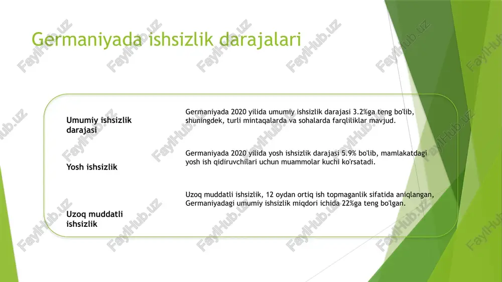 rgiya samaradorligi dasturlarini amalga oshirgan, bu energiya iste'moli kamayishi va barqaror amallarga yo'naltirilishiga olib kelgan. germaniyada sog'liqni saqlash xarajatlari va sog'lik statistikasi 1 2 3 germaniyada sog'liqni saqlash xarajatlari germaniyada sog'lik statistikasi jamoaviy vs shaxsiy sog'lik xarajatlari 2020 yilida germaniyada sog'liqni saqlash xarajatlari 376 milliard yevroga ega bo'lib, uning mhtpga nisbatan 11.6% ni tashkil etmoqda. germaniyada o'rtacha umr 81 yil, 1,000 tug'ilgan bolalardagi infantil o'lim darajasi esa 3.2 ta o'limni tashkil etadi. germaniyada 76% jamoaviy fondlardan, 24% esa shaxsiy manbalardan kelib chiqqan qarindosh sog'lik tizimi mavjud. germaniyada ta'lim va ma'lumotlilik darajalari 1 2 3 germaniya ta'lim tizimi ma'lumotlilik darajalari oliy ta'lim germaniyada ta'lim tizimi yuqori sifatli sifatiga ega bo'lib, kasb-hunar ta'limi va o'quvchilarni o'rgatish dasturlariga kuchli e'tibor qaratadi. germaniyada ma'lumotlilik darajasi 99% dan ortiq, umumiy kutubxonalar tarmoqlari va kitob o'qishga kuchli madaniyat bilan ajralgan. germaniya dunyoning eng yuqori universitetlariga uy ekan, talabalarga turli darajadagi dasturlar va tadqiqot imkoniyatlari taklif qiladi. …