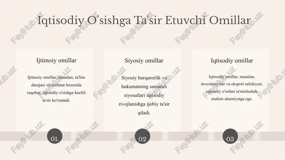 k muammolarni keltirib chiqarish kabi omillar mavjud. xulosa o'zbekiston iqtisodiyoti so'nggi yillarda jadal rivojlanmoqda. 2023-yilga kelib, mamlakat iqtisodiy o'sishi 5% dan oshishi kutilmoqda. demografik o'zgarishlar, asosan, aholi sonining o'sishi va yoshlar sonining ko'payishi bilan bog'liqdir. o'zbekistonning global iqtisodiy ta'siri, eksport va investitsiyalarni jalb qilish orqali kuchaymoqda. kelajakda iqtisodiy strategiyalarni yanada rivojlantirish va raqobatbardoshligini oshirish rejalashtirilmoqda. e'tiboringiz uchun rahmat! image4.png image2.png image3.png image7.png t — r } aie ea, is