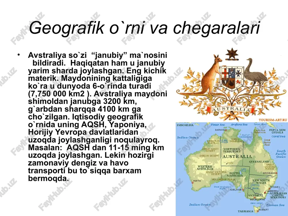 ng hissasiga 70 % aholi, 80 % ishlov beruvchi sanoat tarmoqlari mahsulotlari, 50 % tog`-kon sanoati, 50 % qishloq xo`jalik mahsulotlari to`g`ri keladi. yirik sanoat markazlari : sidney, melbrun, adelaida, jilong, shuningdek, nyukasl, port-kembla, broken-xill, port-ogasta va boshqalar. iqtisodiy rayonlari 2. shimoli-sharqiy iqtosodiy rayoni sharqdagi brisben shahridan shimoldagi darvin, markaziy qismidagi alis-springs shaharlari oralig`idagi hududni egallaydi. hudud jihatidan eng katta rayon, ayni paytda sanoat bir muncha sust rivojlangan (ayniqsa iqtisodiy rayonning shimoliy va janubiy qismida). rayon tabiatida hukmron bo`lgan tropik va subtropik iqlim sharoiti qishloq xo`jaligini rivojlantirish uchun qulay. 3. g`arbiy iqtisodiy rayon katta avstraliya qo`ltig`i sohili bo`yida (esperans shahri) shimoldagi uindem shahrigacha bo`lgan hududni egallaydi. ma`muriy birlik bo`yicha g`arbiy avstraliya shtatini o`z ichiga oladi. yirik shaharlari : pert (mashinasozlik, oziq-ovqat), uandovi, kuinana (qora metallurgiya va kimyo), jeraldton, uindem (oziq-ovqat) va boshqalar. iqtisodiy rayonlari tasmaniya rayoni – mamlakat janubidagi tasmaniya orollaridan iborat bo`lib, qulay va mo`tadil iqlim (issiq namli va …