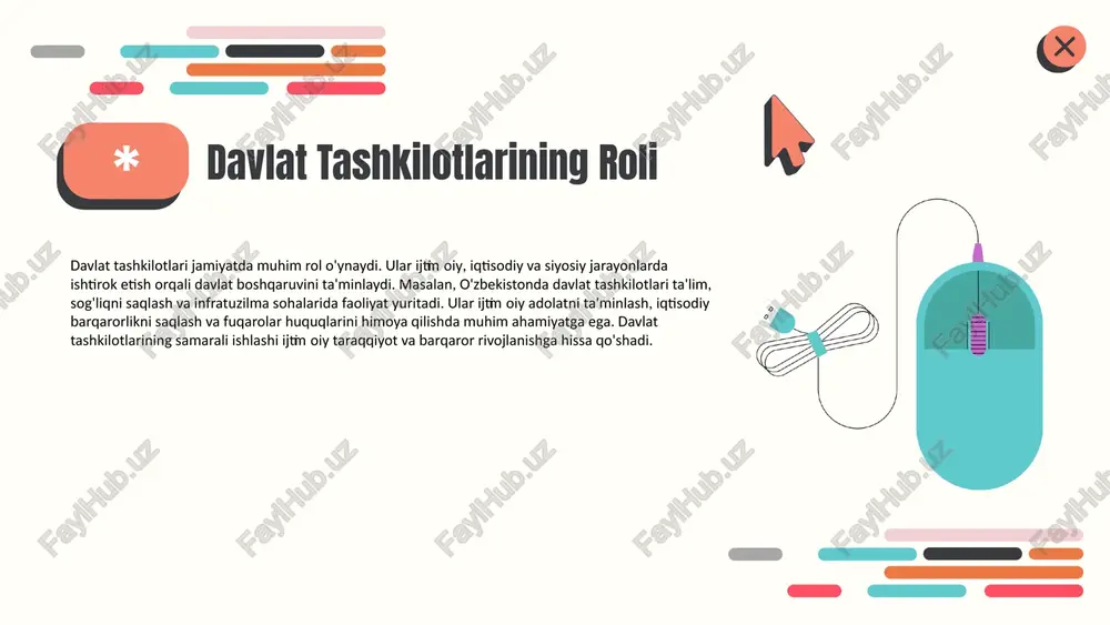 rivojlantirish" - 500 ta qishloqda suv ta'minoti yaxshilandi. - "ta'lim tizimini modernizatsiya qilish" - 300 dan ortiq maktablar yangi texnologiyalar bilan jihozlandi. rivojlanishdagi muammolar va yechimlar: o'zbekiston muammolarni hal etish uchun innovatsion yechimlarga muhtoj. asosiy muammolar qatoriga iqtisodiy diversifikatsiyaning yetishmasligi va ijtimoiy tengsizlik kiradi. bu muammolarni yechish uchun ta'lim va iqtisodiy islohotlarni amalga oshirish zarur. xulosa davlat tashkilotlari jamiyatda muhim rol o'ynaydi. ular iqtisodiy va ijtimoiy jarayonlarda markaziy ahamiyatga ega bo'lib, aholi farovonligini ta'minlashda asosiy vazifalarni bajaradilar. ushbu tashkilotlarning asosiy vazifalari, ijtimoiy xizmatlar ko'rsatish, qonun chiqarish va iqtisodiy taraqqiyotga hissa qo'shishdan iborat. biroq, ular ko'plab muammolarga duch kelmoqdalar, masalan, resurslardan foydalanishda samaradorlikni oshirish lozim. innovatsion yondashuvlar, masalan, raqamli texnologiyalarni joriy etish, tashkilotlarning samaradorligini oshirishga yordam beradi. shuningdek, o'zbekiston tajribasidan kelib chiqib, kelajak rivojlanish strategiyalarini ishlab chiqish, mamlakatning global raqobatbardoshligini oshirishda muhim ahamiyatga ega. * e'tiboringiz uchun rahmat! designed by slides carnival image1.png image2.png image6.jpg image3.png image7.jpg image8.jpg image5.png ilalisysainn ag …