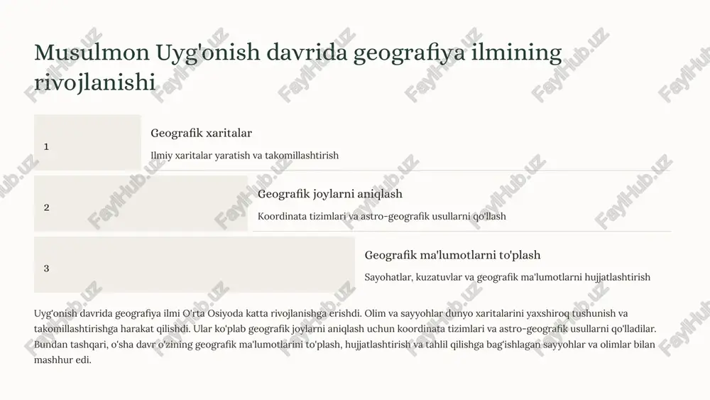 imyo haqidagi bilimlarni tibbiyotga qo'llashda muhim rol o'ynagan. u dorilarni tayyorlash, ularning ta'sirini o'rganish va kasalliklarni davolashda kimyoviy moddalarning ahamiyatini ta'kidlagan. 9 musulmon uyg'onish davrida tarix ilmining rivojlanishi 1 manbalarning tanqidiy tahlili tarixchilar manbalarni sinchkovlik bilan o'rganib, ularning ishonchliligiga baho berishni o'rganishgan. 2 xronologik va geografik tushunchalar tarixiy hodisalarni vaqt va joy bo'yicha aniqlash va tizimlashtirish muhim ahamiyat kasb etgan. 3 siyosiy va ijtimoiy tarixning o'rganilishi davlatlarning shakllanishi, boshqaruv tizimlari va ijtimoiy qatlamlar tahlil qilingan. 4 madaniy va diniy tarixning o'rganilishi san'at, adabiyot, fan va dinning rivojlanishiga alohida e'tibor qaratilgan. musulmon uyg'onish davrida tarix ilmi ancha rivojlangan. o'sha davrdagi tarixchilar manbalarga asoslangan tanqidiy tahlil usullarini qo'llashgan, tarixiy hodisalarni vaqt va joy bo'yicha aniqlashga harakat qilishgan. ular siyosiy va ijtimoiy tarixni, shuningdek, madaniy va diniy tarixni o'rganishgan. 10 musulmon uyg'onish davrida o'rta osiyo allomalari musulmon uyg'onish davrida o'rta osiyo ilm-fanning rivojlanishiga katta hissa qo'shgan ko'plab allomalar yetishib chiqqan. ular turli sohalarda …