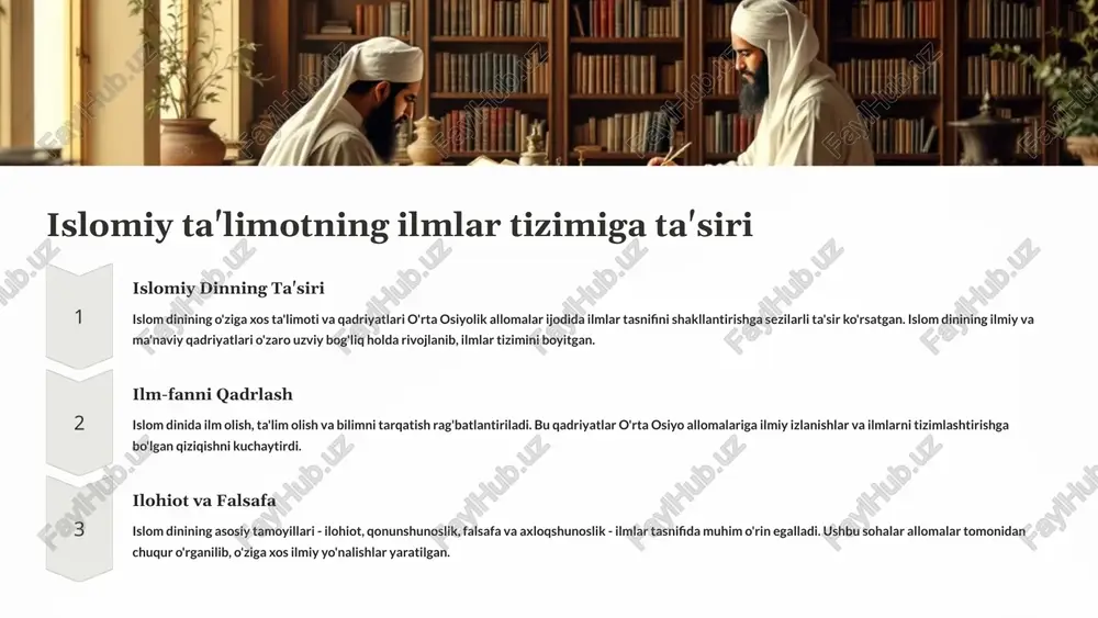 on hayotidagi ma'naviy mukammallikka erishish yo'lidagi muhim omil deb hisoblaydi. ilmlarning tasnifi al-g'azzoliy ilmlarni ikki guruhga bo'ladi: diniy ilmlar va dunyoviy ilmlar. diniy ilmlar islom dinining asoslari, shariat qoidalari va ta'limotlarini o'rganadi. dunyoviy ilmlar esa tabiat, jamiyat va texnikani o'rganadi. sa'diddin taftazoniyning "sharh al-maqosid" asarida ilmlar tasnif taftazoniyning hayoti va ijodi sa'diddin taftazoniy (1322-1394) o'rta asrlarning buyuk mutafakkirlaridan biri bo'lib, o'zining "sharh al-maqosid" asari bilan mashhurlashgan. "sharh al-maqosid" asarining ahamiyati "sharh al-maqosid" asari islom dini va falsafasining muhim manbalaridan biri hisoblanadi. unda taftazoniy aqida, fiqh, tafsir va boshqa sohalarda o'z fikrlarini bayon etgan. ilmlar tasnifi taftazoniy "sharh al-maqosid" asarida ilmlarni aql va vahiyga asoslangan holda tasnif qilgan. u aqlga asoslangan ilmlarni hisob, geometriya, astronomiya va boshqalar deb hisoblasa, vahiyga asoslangan ilmlarni tafsir, hadis, fiqh va boshqalar deb ataydi. xulosa va takliflar 1 o'rta osiyo allomalarining ilmlar tasnifi o'rta osiyo allomalarining ilmlar tasnifi zamoniga xos bo'lgan, shuningdek, uning xalq madaniyati va …