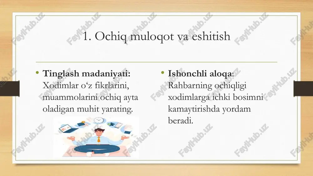 % mijozlar qoniqishi motivatsiyalangan xodimlar bilan motivatsiya xodimlarning faolligini oshirish va samaradorligini ko'tarishda hal qiluvchi rol o'ynaydi. motivatsiyalangan xodimlar ko'proq tashabbus ko'rsatadilar, muammolarni kreativ hal qiladilar va tashkilot maqsadlariga erishish uchun qo'shimcha sa'y-harakatlar qiladilar. bunday xodimlar o'z ishlaridan ko'proq qoniqish hosil qiladilar va stressga chidamliroq bo'ladilar. 14 xodimlarni motivatsiyalash usullari xodimlarni motivatsiyalashning eng samarali usullaridan biri - bu kasbiy o'sish imkoniyatlarini taqdim etishdir. bu treninglar, mentorlik dasturlari, malaka oshirish kurslari yoki yangi mas'uliyatli loyihalarda ishtirok etish imkoniyatlarini o'z ichiga olishi mumkin. shuningdek, ma'naviy rag'batlantirish ham katta ahamiyatga ega bo'lib, bu xodimlarning yutuqlarini e'tirof etish, ularning hissalarini qadrlash va ochiq tarzda minnatdorchilik bildirish orqali amalga oshiriladi. 15 xodimlarning motivatsiyasi va stressga qarshi samarali kurashish aniq maqsadlar xodimlar uchun tushunarli va erishilishi mumkin bo'lgan maqsadlarni belgilash stressni kamaytiradi va motivatsiyani oshiradi. mustaqillik xodimlarga o'z vazifalarini bajarish usulini tanlash imkoniyatini berish ularning motivatsiyasini oshiradi va nazorat hissini kuchaytiradi. e'tirof xodimlarning yutuqlarini muntazam ravishda …