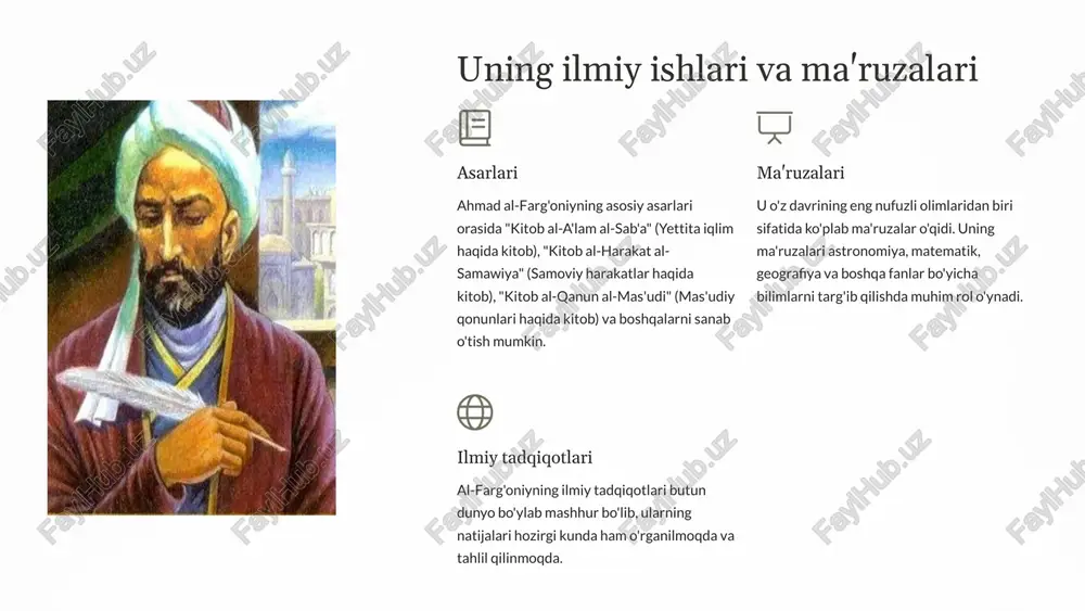 arg'oniy o'rta osiyo ilm-fanining yorqin vakili bo'lib, astronomiya, matematika, geografiya va boshqa sohalarda katta hissa qo'shdi. uning ilmiy yutuqlari o'z davrida ilg'or hisoblanib, jahon ilm-faniga katta ta'sir ko'rsatdi. uning asarlari bugungi kunda ham o'rganiladi va o'z dolzarbligini saqlab qolgan. ahmad al-farg'oniyning xotirasini abadiylashtirish uchun yurtimizda uning nomiga muzey, kutubxona, maktal barpo etish, uning hayoti va faoliyatiga bag'ishlangan ilmiy konferentsiyalar o'tkazish kabi tadbirlarni amalga oshirish mumkin. o'rta osiyo tarixi va madaniyatini o'rganuvchilar uchun ahmad al-farg'oniyning ilmiy merosi muhim o'rin tutadi. uning ishlari bugungi kunda ham o'z ahamiyatini saqlab qolgan va kelajak avlodlarga o'rnak bo'ladi. 12 image1.png image2.png image3.png image4.png image5.png image6.png image7.png image8.png image9.png image10.png image11.png image12.png image13.png image14.png image15.png image16.png image17.png