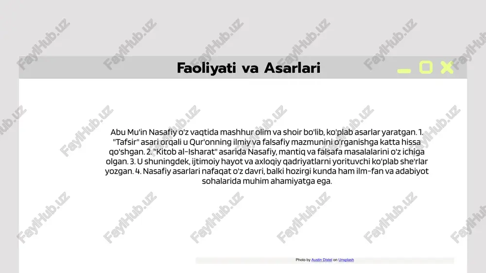 nning huquqlarini hurmat qilish va himoya qilishni nazarda tutadi. 01 02 03 nasafiy ta'limotlari va ekologik masalalar nasafiy ta'limotlari va zamonaviy ekologik muammolar o'rtasidagi bog'lanish, muqaddas qur'on va hadislar orqali ifodalangan islomiy qadriyatlar bilan bog'liqdir. nasafiy ta'limotlari ekologik muammolarni hal etishda ahamiyatli yondashuvlarni taklif etadi. ular tabiatni asrash, resurslardan oqilona foydalanish va muhitga nisbatan mas'uliyatni oshirishni ta'kidlaydi. islomda tabiatga bo'lgan hurmat va uning muhofazasi juda muhim hisoblanadi, bu esa barqaror rivojlanish uchun zaruriy shartdir. hozirgi kunda, ekologik muammolarni hal etishda nasafiy ta'limotlaridan foydalanish, yurtimizning ekologik muvozanatini saqlashga yordam beradi. photo by austin distel on unsplash kelajak avlodlar uchun nasafiy ta'limotlarining ahamiyati 1-qadam nasafiy ta'limotlar abu mu'in nasafiy ta'limotlari, axloqiy qadriyatlar va bilimlarni o'z ichiga oladi. ular yosh avlodlar uchun muhim asos bo'lib xizmat qiladi. 2-qadam zamonaviy hayotdagi ahamiyati nasafiy ta'limotlar, bugungi kunda zamonaviy muammolarni hal etishda yordam beradi. ular o'z-o'zini tarbiyalash va mustaqil fikrlashni rivojlantiradi. 3-qadam ta'lim jarayonida roli nasafiy …