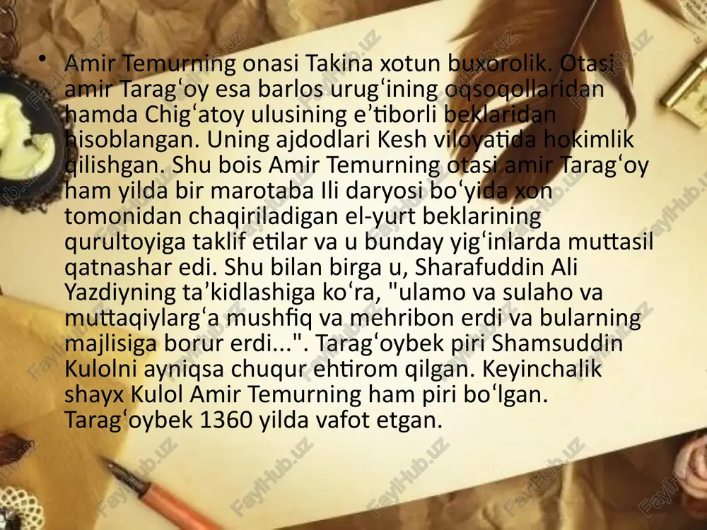 ning nizomi) unvoni bilan ulugʻlanadi. asl ismi nizomiddin mir alisher. u hirotda tugʻilib, shu yerda umrining asosiy qismini oʻtkazgan. navoiyning otasi g‘iyosiddin bahodirtemuriylar xonadoniga yaqin boʻlgan. sheʼr zavqi va isteʼdodi erta uygʻongan. bolalikdayoq farididdin attorning „mantiqut-tayr“asarini yod olgan, sharafiddin ali yazdiy nazariga tushgan, mavlono lutfiy yosh shoir isteʼdodiga yuqori baho bergan, kamol turbatiy eʼtirofini qozongan. sayyid hasan ardasher, pahlavon muhammad kabi ustozlardan taʼlim olgan, abdurahmon jomiy bilan ijodiy hamkorlikda boʻlgan. navoiy 1469 yilgacha temuriylar orasidagi ichki nizolar sababli hirotdan yiroqroqda yashagan. mirzo ulug’bek mirzo (keyinchalik sulton) muhammad ibn shohruh ibn temur ulugʻbek koʻragon — temuriylar davlatining hukmdori, shohruhning oʻgʻli. buyuk oʻzbek astronomi (yulduzshunos) va matematiki. ulugʻbek 1411-yildan 1449-yilgacha bugungi oʻzbekiston, tojikiston, turkmaniston, qirgʻiziston, janubiy qozogʻiston, eron vaafgʻoniston turkistonida hukmdorlik qilgan. islom karimov islom abdugʻaniyevich karimov (1938-yil 30-yanvar, samarqand shahri — 2016-yil 2-sentabr, toshkent shahri[1]) — davlat va siyosat arbobi, oʻzbekiston respublikasining birinchi prezidenti. oʻzbekiston qahramoni (1994). oʻzbekiston qurolli kuchlari oliy …