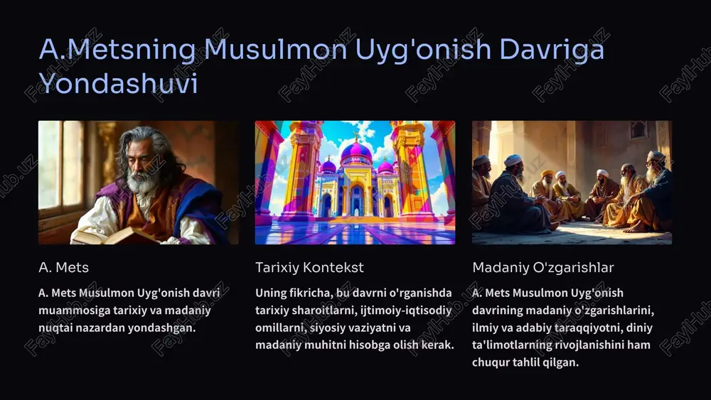 oslangan. uning ilmiy tadqiqotlari ushbu davrning tarixiy, ijtimoiy va madaniy jihatlarini mukammal tahlil qilishga imkon beradi. shuningdek, uning tadqiqotlari davrning ijtimoiy-siyosiy rivojlanishga ta'sirini aniq ko'rsatadi. zaif tomonlari a.mets qarashlarining ba'zi zaif tomonlari ham mavjud. masalan, u ba'zi holatlarda davrning siyosiy va harbiy jihatlariga yetarli e'tibor bermagan. shuningdek, uning ba'zi xulosalari zamonaviy ilmiy yondashuvlar bilan to'liq mos kelmasligi mumkin. 11 xulosalar va takliflar 1 a.metsning ilmiy merosi 2 musulmon uyg'onish davri 3 zamonaviy talablar a.metsning musulmon uyg'onish davri haqidagi tadqiqotlari sharqshunoslik faniga muhim hissa qo'shdi. uning ilmiy merosini chuqur o'rganish va zamonaviy talablarga moslashtirish muhimdir. 12 image-1002-1.png image-1-1.png image-1003-1.png image-2-1.png image-1004-1.png image-3-1.png image-3-2.png image-3-3.png image-1005-1.png image-4-1.png image-4-2.png image-4-3.png image-1006-1.png image-5-1.png image-5-2.png image-5-3.png image-1007-1.png image-1008-1.png image-7-1.png image-1009-1.png image-8-1.png image-1010-1.png image-9-1.png image-1011-1.png image-10-1.png image-10-2.png image-10-3.png image-10-4.png image-1012-1.png image-1013-1.png edt: ia se)