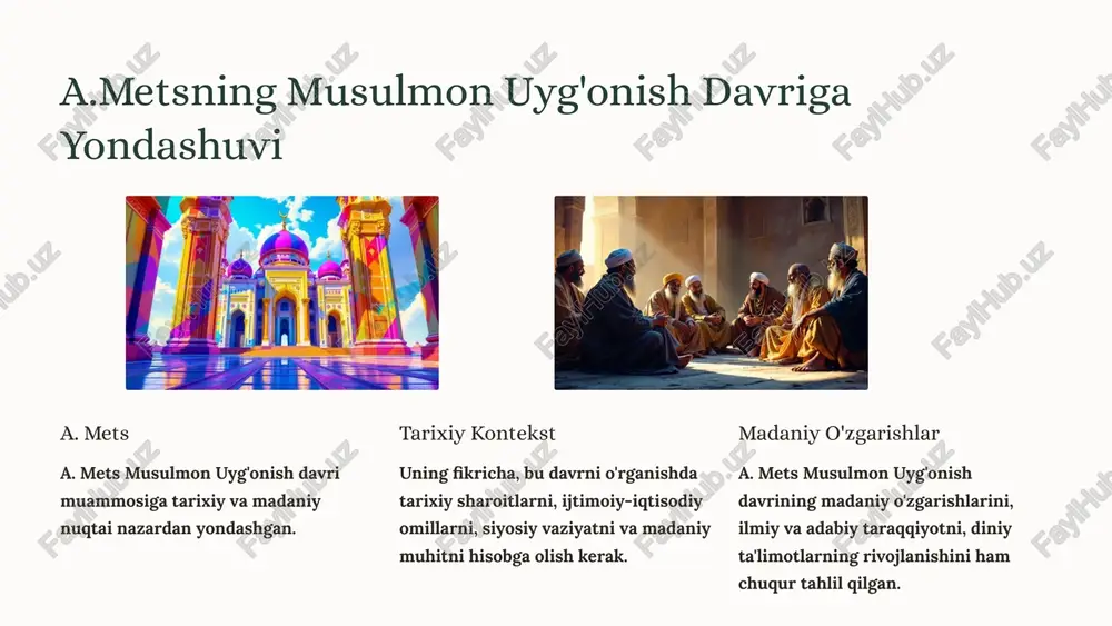 ilmiy tadqiqotlari ushbu davrning tarixiy, ijtimoiy va madaniy jihatlarini mukammal tahlil qilishga imkon beradi. shuningdek, uning tadqiqotlari davrning ijtimoiy-siyosiy rivojlanishga ta'sirini aniq ko'rsatadi. zaif tomonlari a.mets qarashlarining ba'zi zaif tomonlari ham mavjud. masalan, u ba'zi holatlarda davrning siyosiy va harbiy jihatlariga yetarli e'tibor bermagan. shuningdek, uning ba'zi xulosalari zamonaviy ilmiy yondashuvlar bilan to'liq mos kelmasligi mumkin. xulosalar va takliflar 1 a.metsning ilmiy merosi 2 musulmon uyg'onish davri 3 zamonaviy talablar a.metsning musulmon uyg'onish davri haqidagi tadqiqotlari sharqshunoslik faniga muhim hissa qo'shdi. uning ilmiy merosini chuqur o'rganish va zamonaviy talablarga moslashtirish muhimdir. image1.png image2.png image3.png image4.png image5.png image6.png image7.png image8.png image9.png image10.png image11.png image12.png image13.png image14.png image15.png image16.png image17.png . hozirgi zamon fanlari asosini yaratgan buyuk olimlar muhammad muso al-xorazmiy, farg‘oniy, forobiy, beruniy, ibn sinolar somoniylar davrining mahsulidir. pwr-f}) ‘aed ve ees \ ih ima)