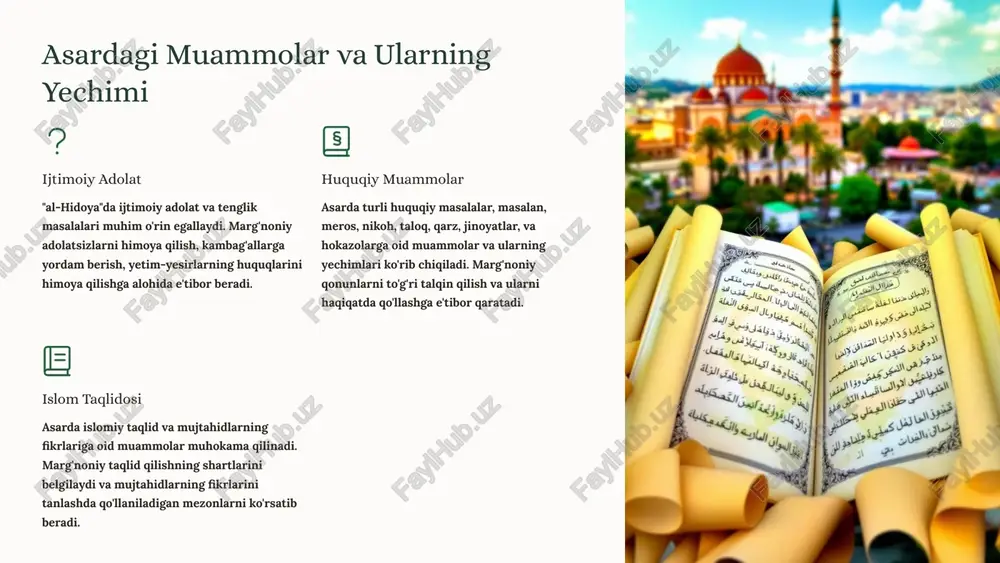 shariatning asosiy maqsadi xalq manfaatlarini ta'minlash ekanligini ta'kidlagan. u hukmdorlarni xalqqa xizmat qilishga, adolatni o'rnatishga, tinchlik va osoyishtalikni ta'minlashga chaqirgan. 9 "al-hidoya"ning badiiy-estetik xususiyatlari "al-hidoya" asari nafaqat ilmiy-huquqiy jihatdan muhim ahamiyatga ega, balki o'zining badiiy-estetik xususiyatlari bilan ham diqqatga sazovordir. asarning tili ravon, o'quvchilarga tushunarli va jozibador. marg'noniy o'zining yozuvida aniqlik, soddalik va o'ziga xos bayon uslubini qo'llagan. u ko'plab misol va hikoyalarni keltirgan, bu asarning qiziqarli va o'quvchilarga yoqimli bo'lishini ta'minlagan. bundan tashqari, "al-hidoya" asari o'zining tuzilishi va tartibiga ko'ra ham jozibadordir. asar muammolarni tartib bilan tahlil qiladi va ularga aniq va mantiqiy javoblar beradi. marg'noniy o'zining fikrlarini tushunarli va mantiqiy tarzda bayon qilib, o'quvchilarni o'ziga jalb qilgan. 10 burxoniddin marg'noniyning shogirdlari va uning ta'siri shogirdlar burxoniddin marg'noniyning shogirdlari o'z davrlarining taniqli ulamolari bo'lib, ularning orasida muhammad ibn abdulloh al-xorazmiy, abu bakr ibn muso al-xorazmiy, va ahmad ibn muhammad al-xorazmiy kabi nomlarni eslatib o'tish mumkin. ular o'z ustozlari marg'noniyning …