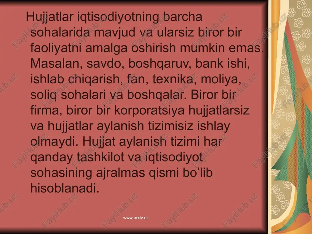 hun mo’ljallangan texnologik vositalar; hujjatlar bilan ishlashning maxsus funksiyalarini amalga oshirib beruvchi dasturlarni ishlab chiqarishga mo’ljallangan instrumental vositalar www.arxiv.uz www.arxiv.uz quyida misol tariqasida “intellektual texnologiyalar” firmasi tomonidan ishlab chiqilgan “elektron arxiv” tizimining asosiy ko’rsatgichlarini ko’rib chiqamiz. bu tizim hujjatlar formatiga hech qanday jiddiy talablar qo’ymaydi hamda turli xil va ko’rinishdagi hujjatlarga ishlov berishni nazarda tutadi, bir arxivda har xil ko’rinishdagi ma’lumotlarning saqlanishiga imkon beradi. taklif etilayotgan tizimning asosiy afzalliklari quyidagi operatsiyalarni to’liq avtomatizatsiyasini amalga oshirishdir: www.arxiv.uz www.arxiv.uz hujjatni elektron obrazini olish hujjatdagi matnni tanib olish hujjat matnini morfologik analiz qilish hujjatdagi matnli ma’lumotni tushunarli holatga keltirish hujjatni klassifikatsiya qilish, unga annotatsiya yozish va hujjatning registratsion kartochkasini hosil qilish hujjatning elektron obraziniuning registratsion atributlari yoki matn ma’nosiga qarab qidirib topsih. www.arxiv.uz www.arxiv.uz elektron hujjat aylanishalar tizimlarida ma’lumotlarni himoyalash elektron pochta orqali ma’lumot uzatilayotganda quyidagi nohush hollar ro’y berishi mumkin: www.arxiv.uz www.arxiv.uz ma’lumot uzatuvchining manzili no’to’g’ri ko’rsatilgan – ma’lumot uzatuvchi o’z adresini …