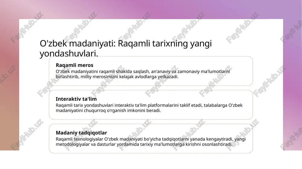 m etilmoqda. ma'lumotlarga kirish raqamli arxivlar orqali talabalar va tadqiqotchilar o'zbek tarixiga oid noyob materiallarga oson kirish imkoniyatiga ega bo'lishadi, bu esa izlanishlarni rivojlantiradi. o'rganish imkoniyatlari raqamli arxivlar, onlayn platformalarda mavjud bo'lib, tarixiy materiallarni o'rganish va tahlil qilishda yangi imkoniyatlar yaratadi, bu esa interaktiv ta'lim jarayonini kuchaytiradi. raqamli yondashuvlar: o'zbek tarixida interaktiv hikoyalar yaratish. 01 raqamli hikoyalar raqamli hikoyalar o'zbek tarixini interaktiv tarzda taqdim etadi, foydalanuvchilarni tarixiy voqealar bilan yaqinlashtiradi va ularni tajriba qilish imkonini beradi. 02 multimedia yondashuv multimedia elementlari, masalan, video, audio va grafikalar, o'zbek tarixidagi hikoyalarni yanada jonlantiradi, tinglovchilarning qiziqishini oshiradi va ma'lumotni yaxshiroq anglashga yordam beradi. 03 interaktiv platformalar internet va mobil ilovalar orqali taqdim etilgan interaktiv platformalar, foydalanuvchilarga o'zbek tarixini o'rganishda o'zaro aloqada bo'lish imkonini beradi, bu esa o'qitishni yanada qiziqarli qiladi. 04 tarixiy tadqiqotlar raqamli yondashuvlar, o'zbek tarixiy tadqiqotlarida yangi metodologiyalarni taklif etadi, bu esa tarixchilarga ma'lumotlarni tahlil qilish va yangi xulosalar chiqarishga yordam …