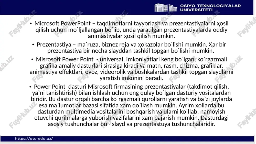 avto saqlash vaqtini sozlash uchun “servis” menyusiga kiramiz va u erdan “parametro'” - hossalar buyrug'ini tanlaymiz. natijada dastur hususiyatlarini o`zgartirish muloqot oynasi paydo bo`ladi. ushbu oynaning “soxranenie” bo`limini tanlaymiz va “avtosoxranenie kajdo'e” qismidan vaqtni o`zimiz uchun ma`qul bo`lgan variantni tanlab qo`yamiz. bu vaqt avtomatik tarzda 10 minutda turadi. biz esa uni bir oz kamaytirishimiz mumkin. masalan: 2 min. bu vaqtni qanchalik darajada kam yoki ko`pligi kiritilgan o`zgartirishlarni tezroq vaqt oralig'ida saqlab borishni belgilaydi. power point dasturida ham ms word dasturidagi kabi rasmlar bilan ishlash paneli mavjud. ushbu panelda kartinkalar bilan ishlash oynasini chiqarish, fayldan rasm qo`yish, shakllar chizish va turli xil avtofiguralardan foydalanish kabi bo`limlari bor. “avtofiguro'” bo`limida ms word jasturinikidan farqli ravishda “upravlyayuhie kpopki” – ya`ni boshqaruvchi tugmalar qismi ham joylashgan. ushbu bo`limdan biz o`zimiz kerakli bo`lgan boshqarish tugmalarini o`rnatishimiz mumkin. boshqarish tugmalari deganda bir slaydan navbatdagisiga o`tkazish yoki oxirgi slaydga o`tkazish uvbi ishlarni bajarish tugmalari tushuniladi. bundan tashqari …