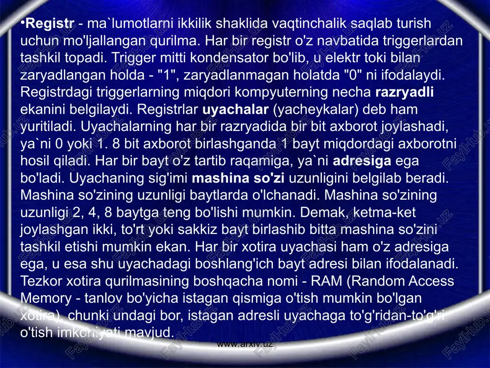 r moslamasi hamda ularga ma`lumot yozish va o'qish magnit boshchasidan tashkil topuvchi qurilma. disklar asosan uchga bo'linadi: egiluvchan disk, qattiq disk (vinchester) hamda kompakt disk (cd rom - compakt - disk - read only memory). egiluvchan disk va qattiq disklarga axborotlar sektorlarga bo'lingan halqasimon yo'lchalar bo'ylab yoziladi. disklar temir moddasini saqlovchi qotishmadan tayyorlanib ularning magnitlangan qismi birlarni, qolgan qismlari esa nollarni ifodalaydi. sektor va yo'lchalar o'z tartib raqamlariga ega bo'lib, har bir sektorning sig'imi 0.5 kbayt ni tashkil etadi. vinchesterlar kompyuterning ichida joylashgan bo'lib, uning hajmi bir necha gbaytgacha boradi. vinchester deganda silindrsimon shaklidagi maxsus germetik idishga joylashtirilgan bir o'qqa mustahkamlangan ustma-ust joylashgan disklarning majmuini tushuniladi. kompyuter ichida birdaniga bir necha vinchesterlar joylashishi ham mumkin. www.arxiv.uz www.arxiv.uz www.arxiv.uz www.arxiv.uz printer - ma`lumotlarni qog'ozga chiqarish qurilmasi. printerlarning uch xili mavjud: bosma (matritsa-o'yma qolip), purkovchi, lazerli. bosma printerda qog'ozdagi bosilayotgan satr bo'ylab harakatlanadigan maxsus qurilmaga o'rnatilgan metall ignachalar qog'oz va qurilma orasiga …