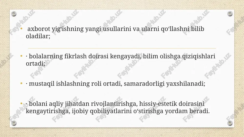 xborot, mehnat quroli bo‘lib esa axborotlashtirishning texnikaviy vositalari xizmat qiladi. kompyuter vositalari o‘quv-tarbiya jarayonining turli bosqichlarida: · o‘quvchilarga o‘quv materiallarini taqdim etish bosqichida; · kompyuter bilan interfaol o‘zaro birgalashib, harakat qilish jarayonida o‘quv materialini o‘zlashtirishda; · o‘zlashtirilgan bilimlar, malakalar va ko‘nikmalarni takrorlash va mustahkamlashda; · o‘qitishda erishilgan natijalarni oraliq va yakuniy nazorat qilish va o‘zo‘zini nazorat qilish bosqichida; o‘quv materialini qismlarga bo‘lish, uni klassifikatsiyalash va tizimlashtirishni takomillashtirish orqali o‘qitish jarayoniga va uning natijalariga tuzatishlar kiritish bosqichida foydalanilishi mumkin. oqilona tuzilgan kompyuterli o‘qitish dasturlari axborotni o‘quvchi tomonidan o‘zlashtirilishining psixologik va pedagogik qoidalari e’tiborga olingan taqdirda o‘qitishni individuallashtirish va differensiyalashtirishga, bolalarning qiziqishlari va o‘qishdagi mustaqil faoliyatini rag‘batlantirishga imkon beradi. maktab pedagogik jarayonida kompyuter o‘qituvchi, ishchi qurol, o‘qitish obyekti, hamkorlik qiluvchi jamoa, bo‘sh vaqt (o‘yin) muhiti xizmatlarini bajarishi mumkin (g. k. selefko). kompyuter o‘qituvchi sifatida o‘qituvchini va kitobni qisman yoki to‘liq o‘rnini bosadigan o‘quv axboroti manbai; multimediya va telekomunikatsiya imkoniyatlari bilan tamoman yangi …