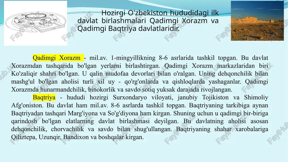 , eron, hindiston kabi davlatlar bilan elchilik munosabatlarini yo'lga qo'ydi. vatanimiz hududida milodiy 4 asrlardan boshlab feodal munosabatlar tarkib topa boshlaydi. "feod" yer degan ma'noni anglatib, bu davrlardan boshlab yerga egalik qilishning mavqei ortib boradi. ilgarilari hunarmandchilik yetakchi bo'lgan bo'lsa, endi yeri bor zamindorlar mulkdor va boy kishilar hisoblangan. bu davrda "dehqon" degan tushuncha "qishloq hokimi" degan ma'noni anglatgan. hududimizda zaiflashib borayotgan qang' va kushonlar saltanatidan asta-sekin ilk mustaqil feodal davlatlar ajralib chiqa boshlaydi. bu davlatlarga xorazm, so'g'd, toxariston, choch va eloq, farg'ona kabi hokimliklar kirgan. bu davlatlar hokimlari so'g'd va farg'onada-ixshidlar, toxaristonda-malikshohlar, xorazmda-xorazmshohlar, choch va eloqda-budun va dehqonlar deb atalgan. mahalliy davlatlardan tashqari vatanimiz hududida yettisuv va sharqiy turkistondan kelganko'chmanchi chorvadorlarning xiyoniylar, sharqiy sirdaryo va orol bo'ylari orqali kelgan ko'chmanchi chorvador kidariylar va eftalitlar ham o'z ma'lum bir muddat davlatchiligini barpo etgan. undan tashqari, 5 asrning ikkinchi va 6 asrning birinchi yarmida oltoy va janubiy sibirdagi turklar birlashib, 558 …